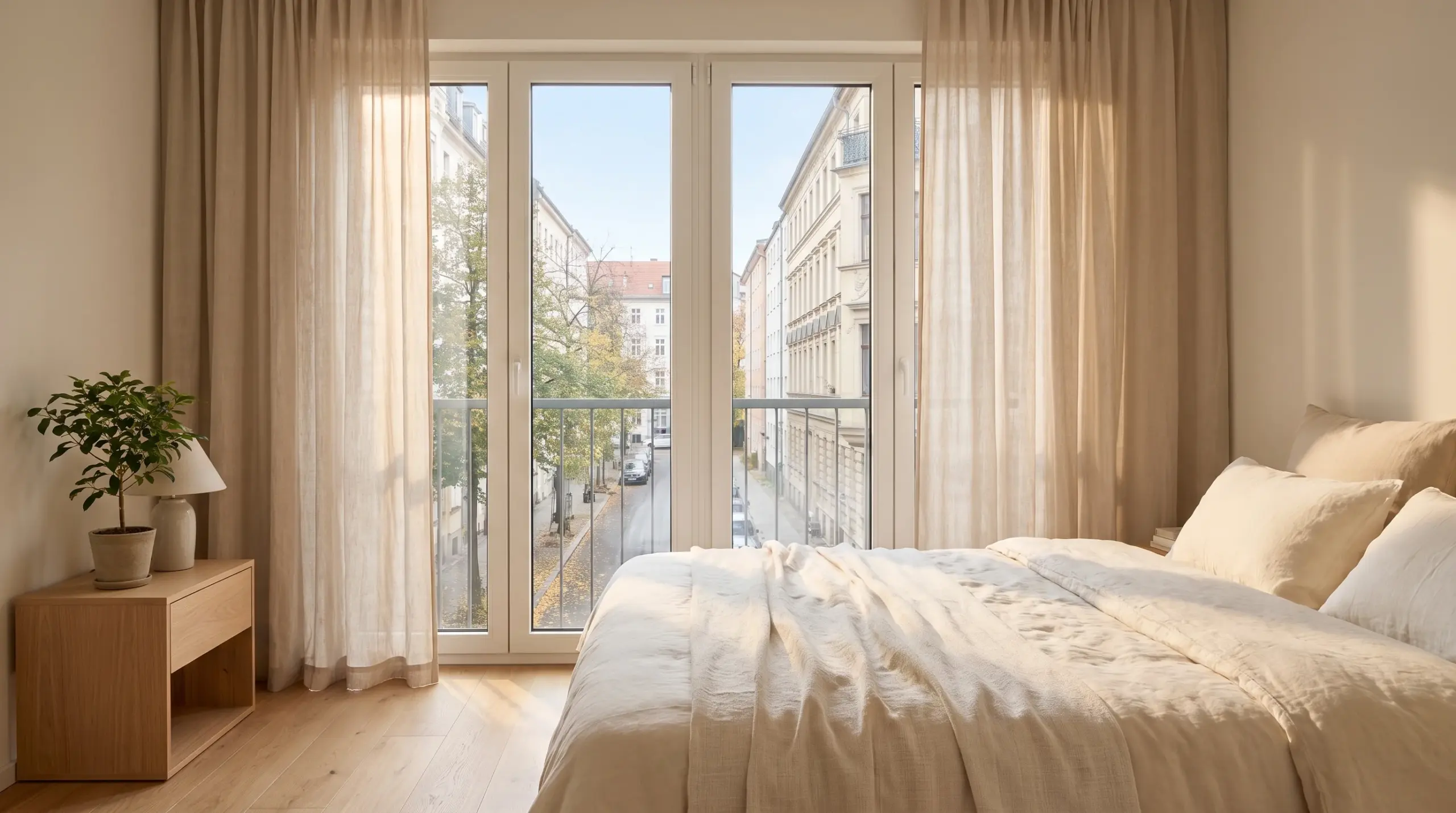 Schallschutzfenster im modernen Schlafzimmer – ruhige Atmosphäre trotz Stadtlage