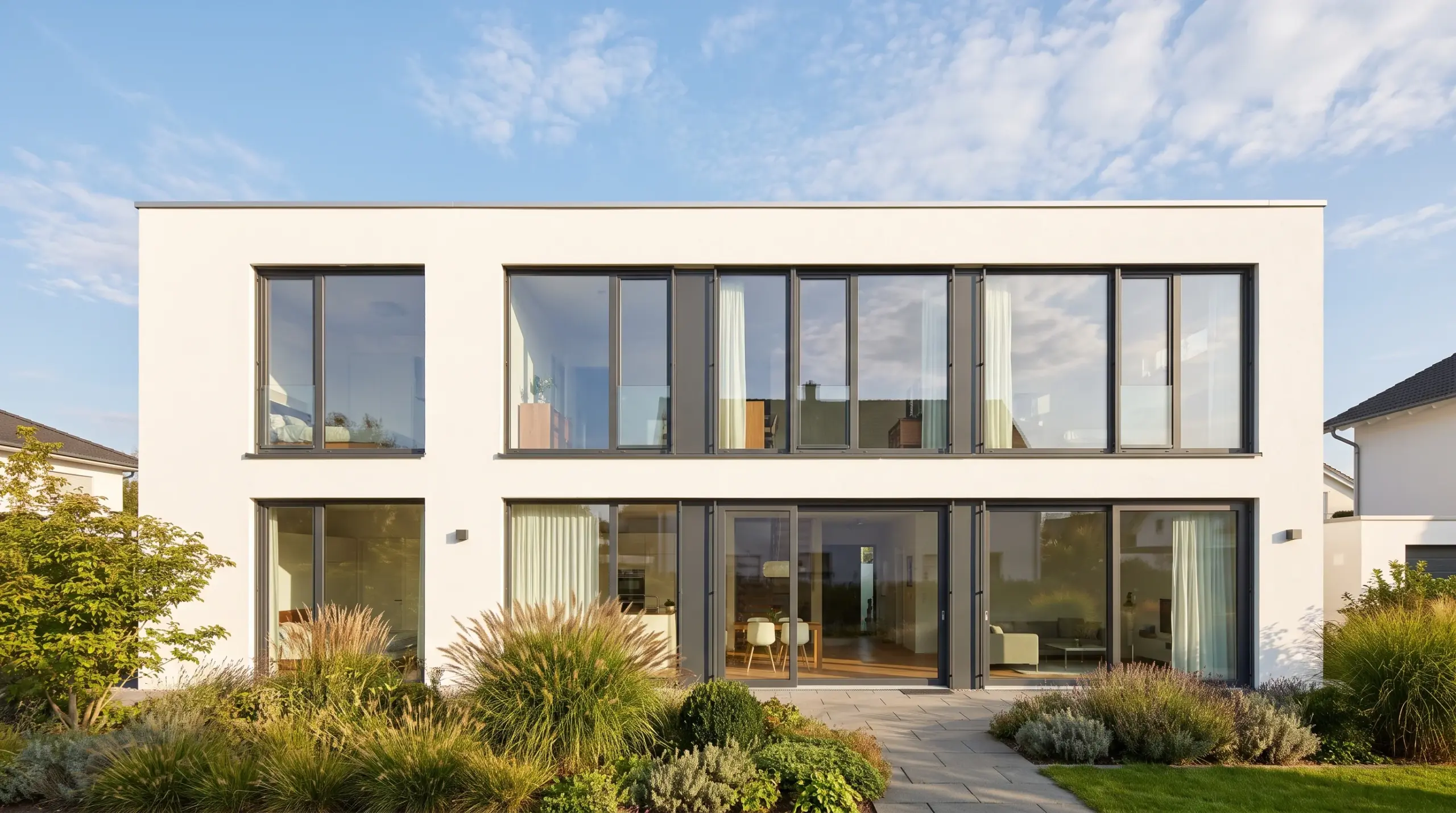 Fenster Trends 2026 - moderne Hausfassade mit schlanken Anthrazit-Alufenstern