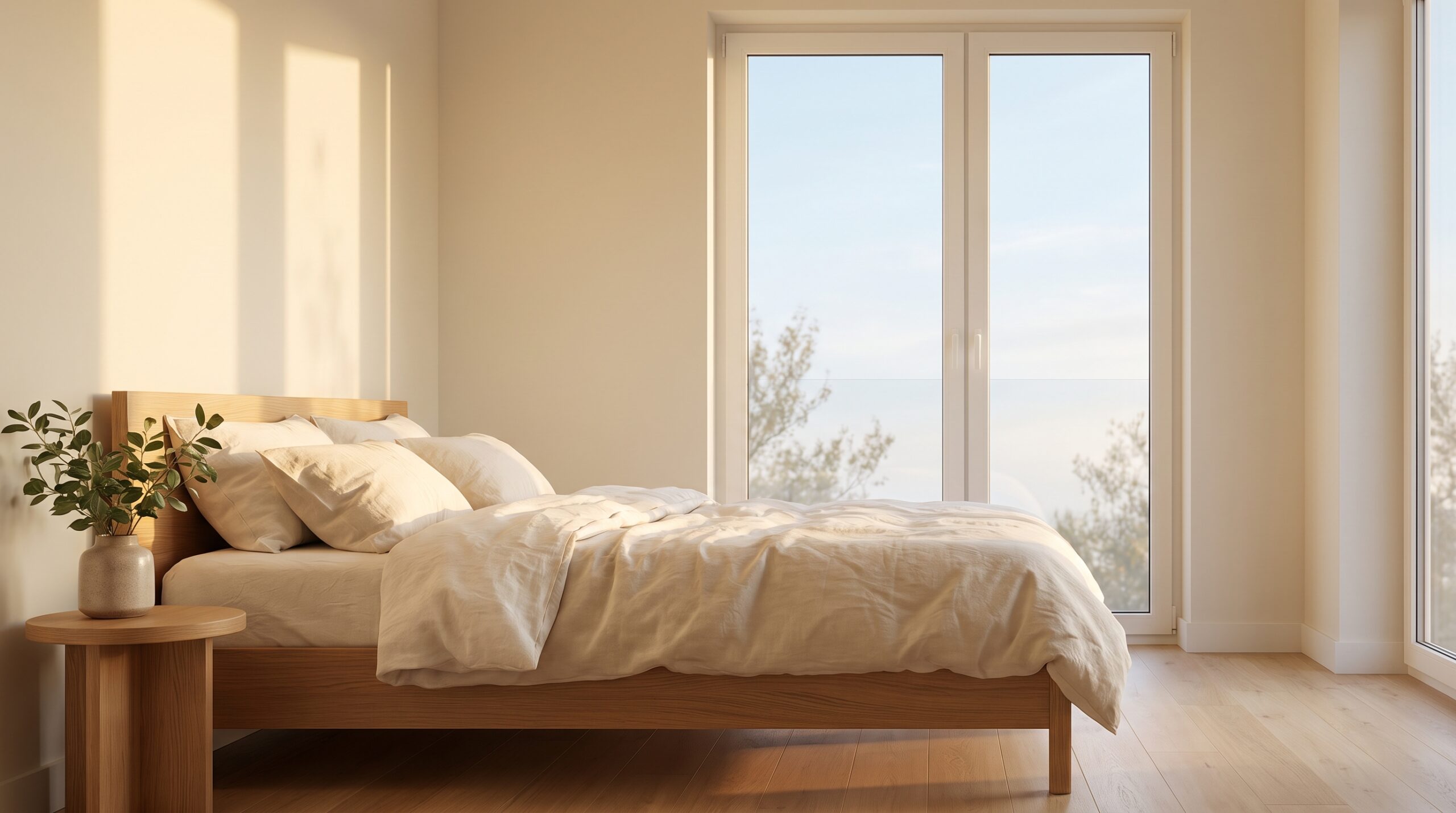Schallschutz verbessern ohne Fenstertausch – ruhiges modernes Schlafzimmer mit großen Fenstern