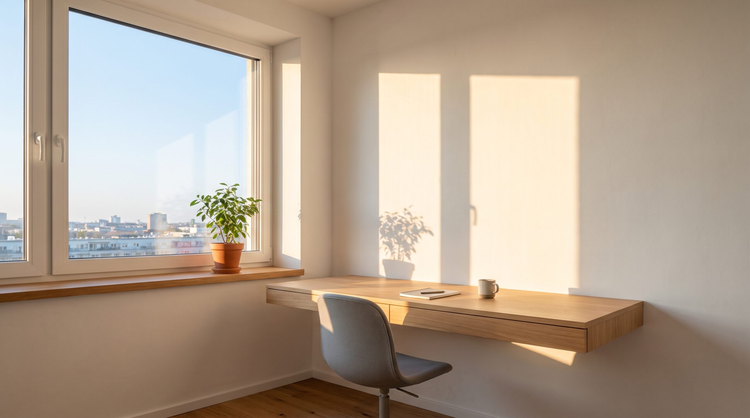 Modernes Homeoffice mit schallgedämmten Fenstern – ruhig arbeiten trotz Straßenlärm
