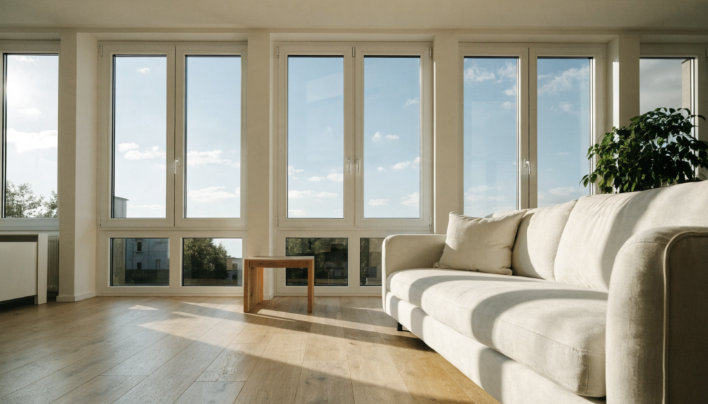 Günstige Fenster kaufen – helles Wohnzimmer mit bodentiefen Kunststofffenstern und natürlichem Tageslicht