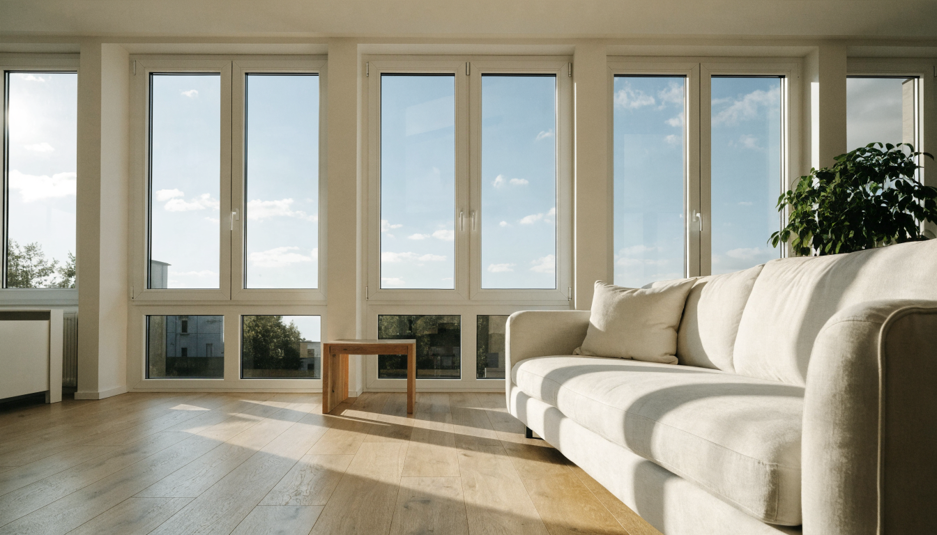 Günstige Fenster kaufen – helles Wohnzimmer mit bodentiefen Kunststofffenstern und natürlichem Tageslicht