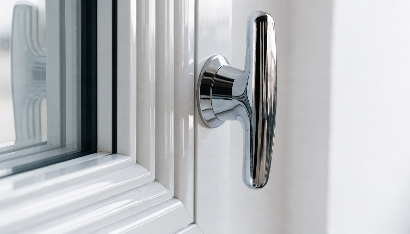 Günstige Fenster kaufen – Detail Kunststofffenster Griff und Rahmenprofil Nahaufnahme