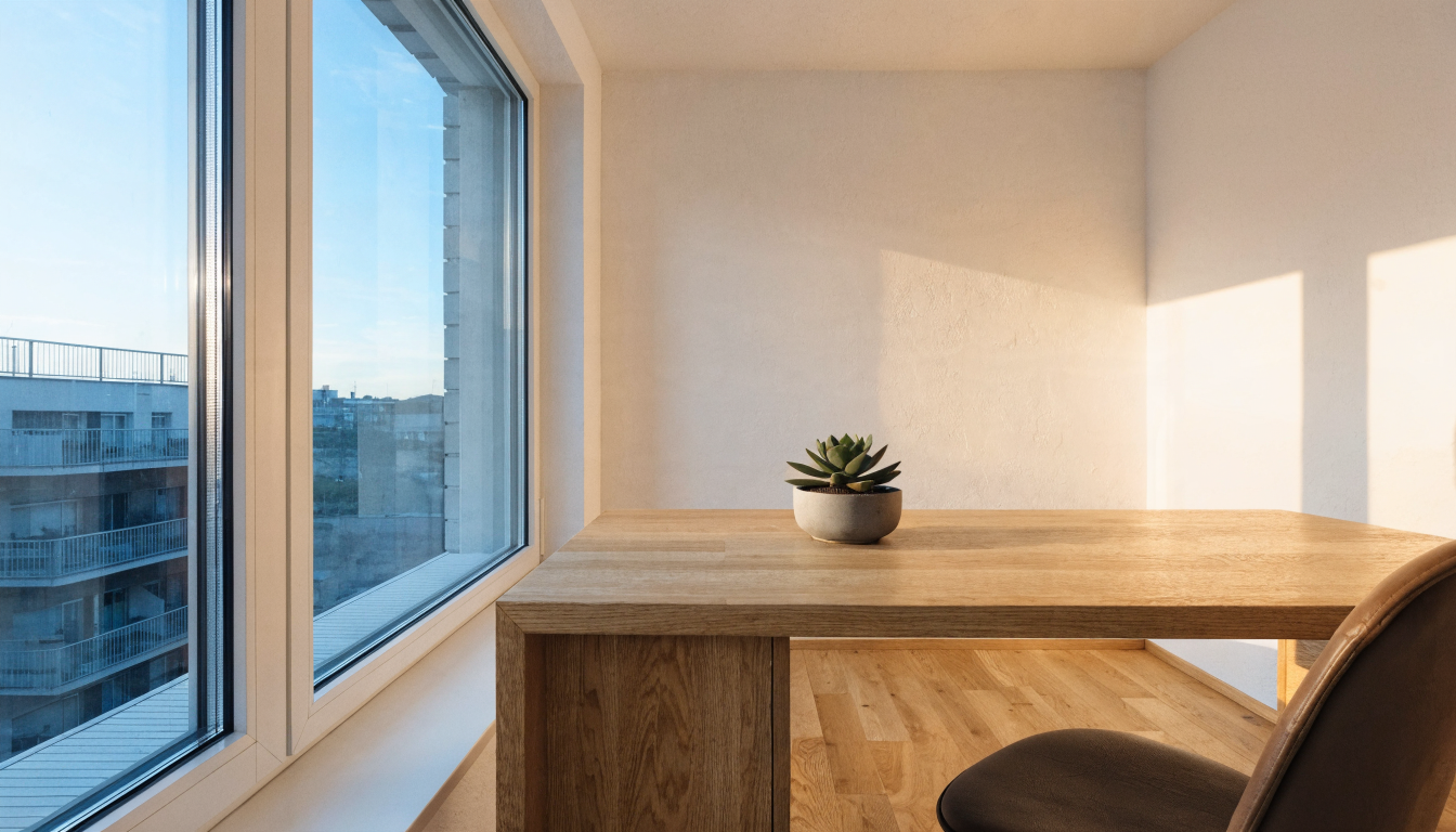 Günstige Fenster kaufen – helles Homeoffice mit großem weißem Kunststofffenster und Tageslicht