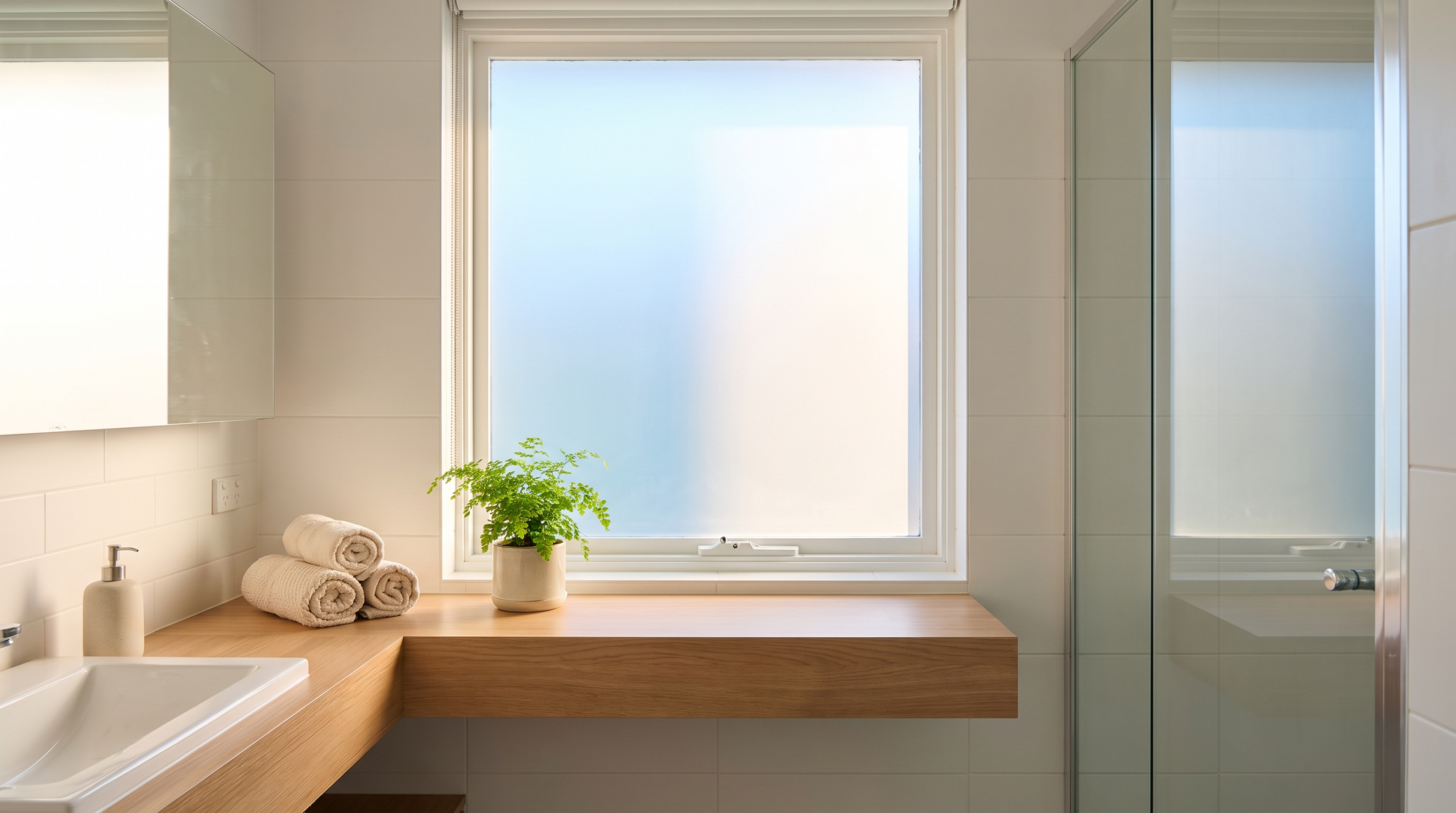Badezimmerfenster mit Milchglas als Sichtschutz über hellem Waschtisch