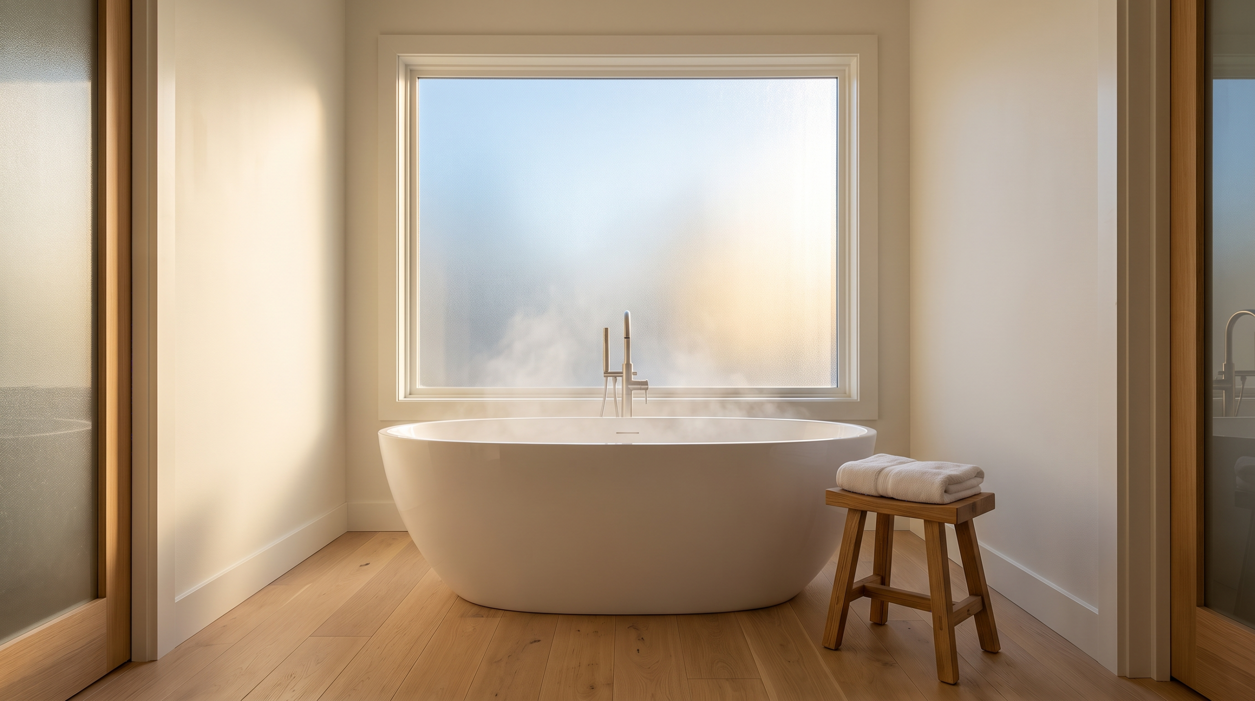 Freistehende Badewanne unter großem Badezimmerfenster mit Sichtschutzglas