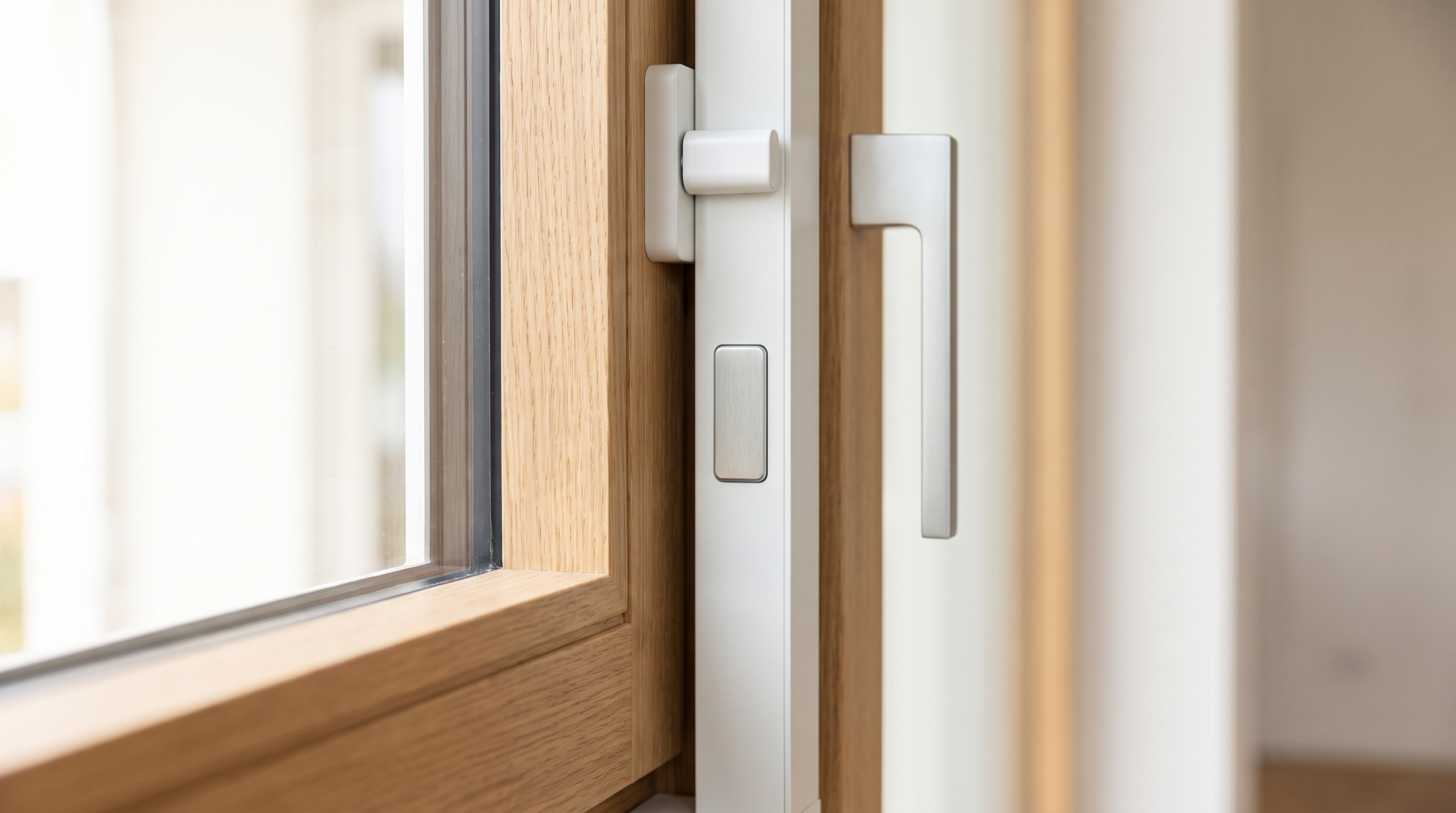 Detailaufnahme eines Fensterbeschlags mit integriertem Sensor am Kunststofffenster