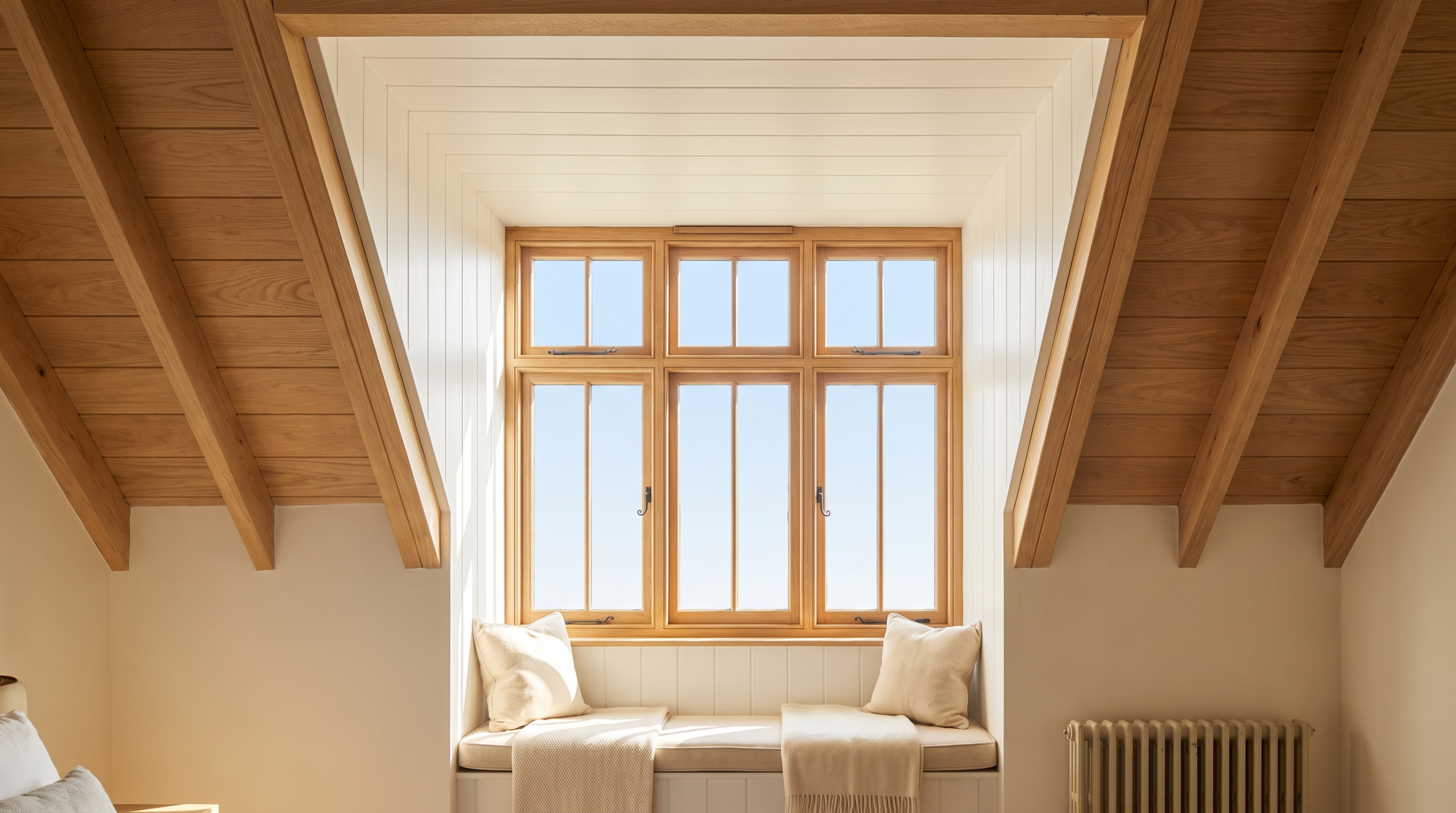 Gaubenfenster von innen mit senkrechter Fensterlaibung im Dachgeschoss