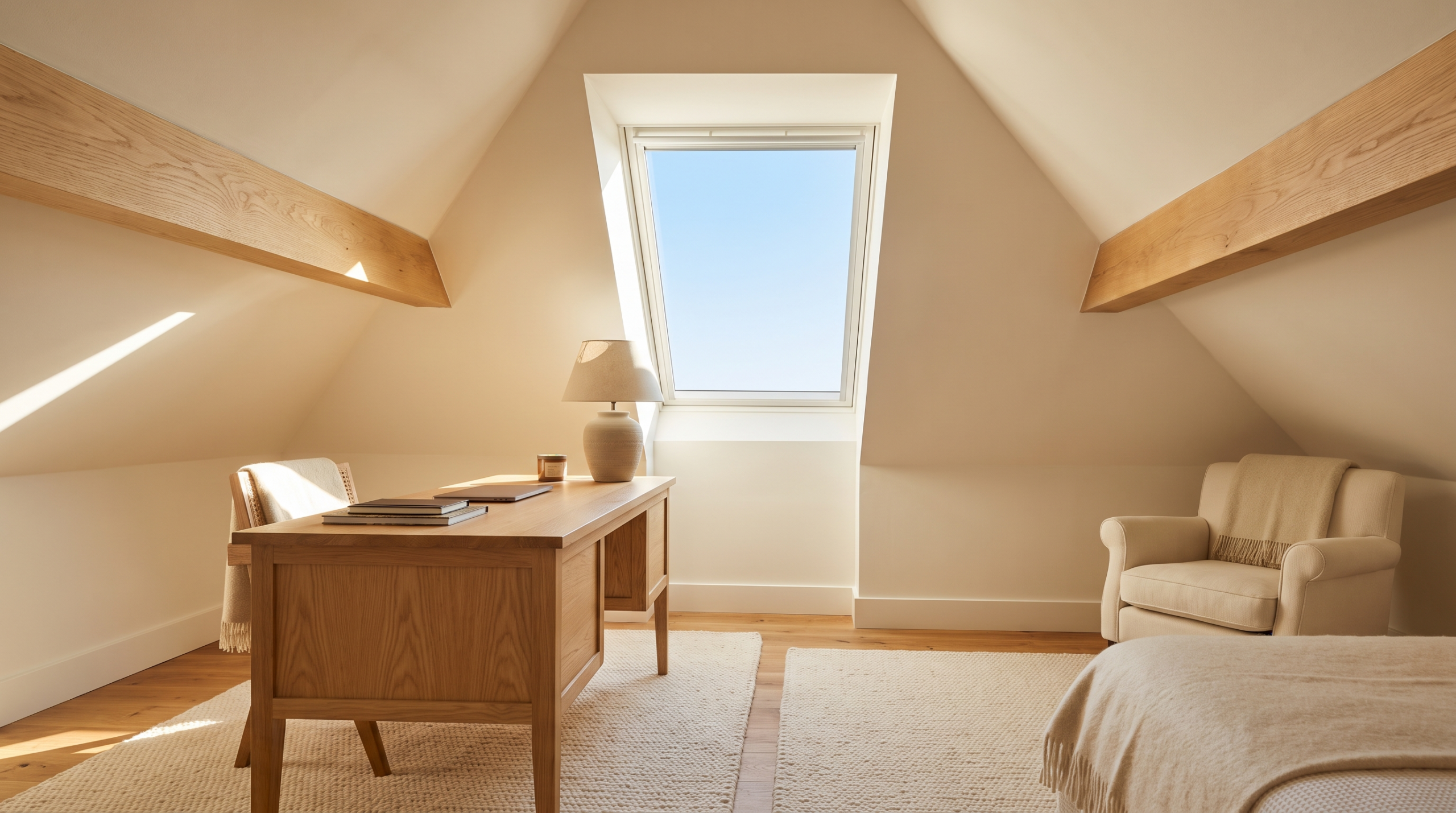 Gaubenfenster im ausgebauten Dachgeschoss als Homeoffice genutzt