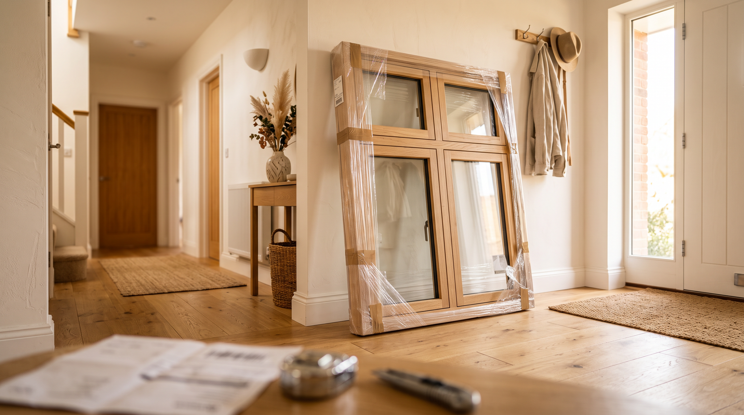 Fenster Lieferzeit online bestellen - frisch geliefertes Fensterelement im Eingangsbereich