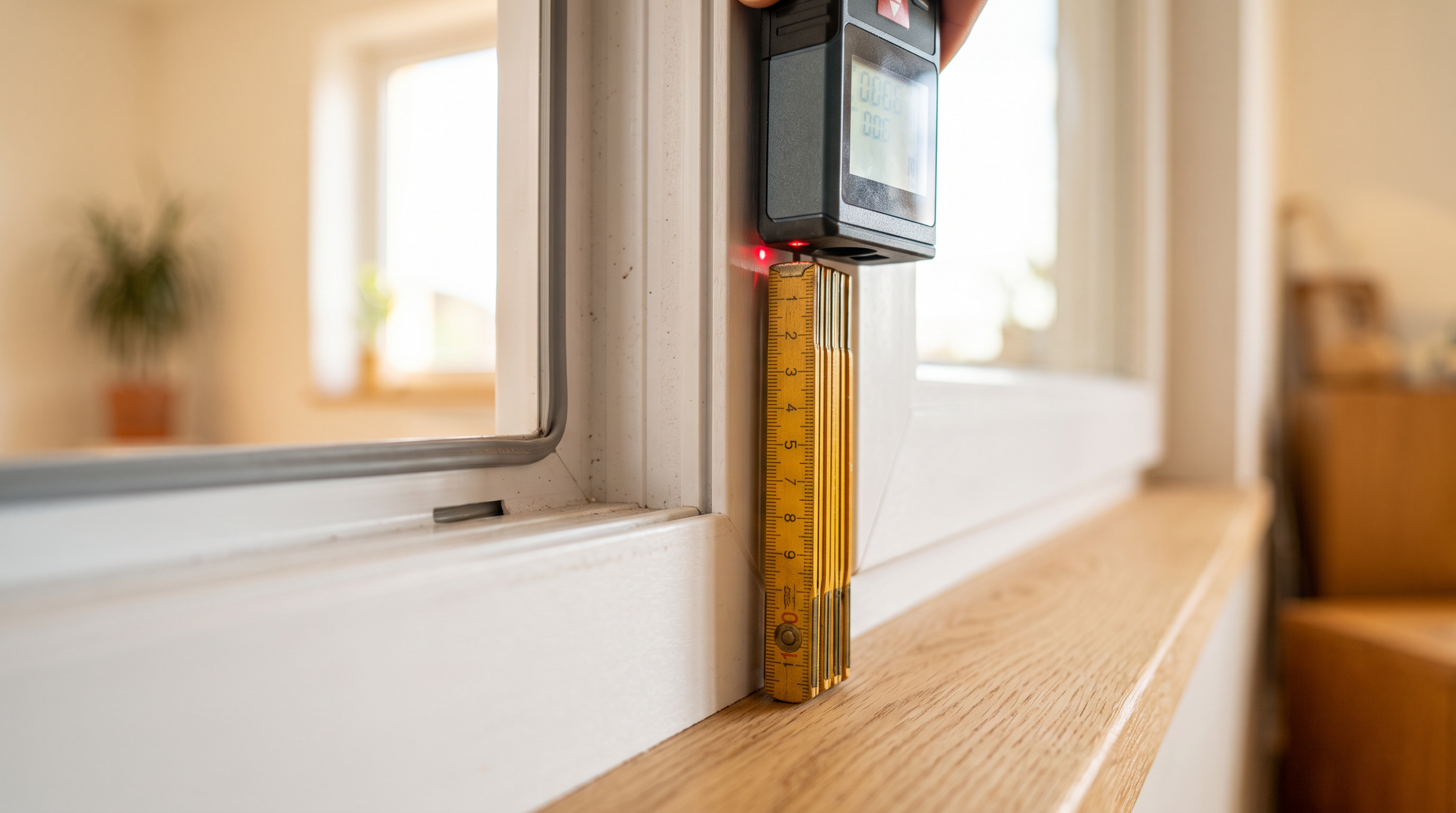 Fenster Lieferzeit - präzises Aufmaß mit Lasermessgerät am Fensterrahmen vor der Bestellung