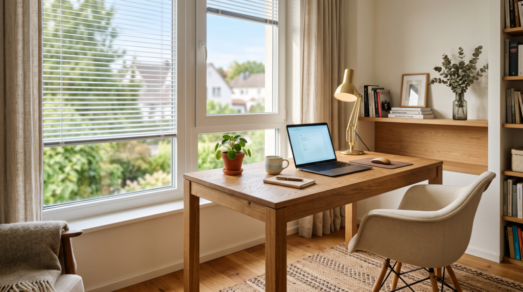 Fenster im Homeoffice mit Blendschutz und Tageslicht am Schreibtisch