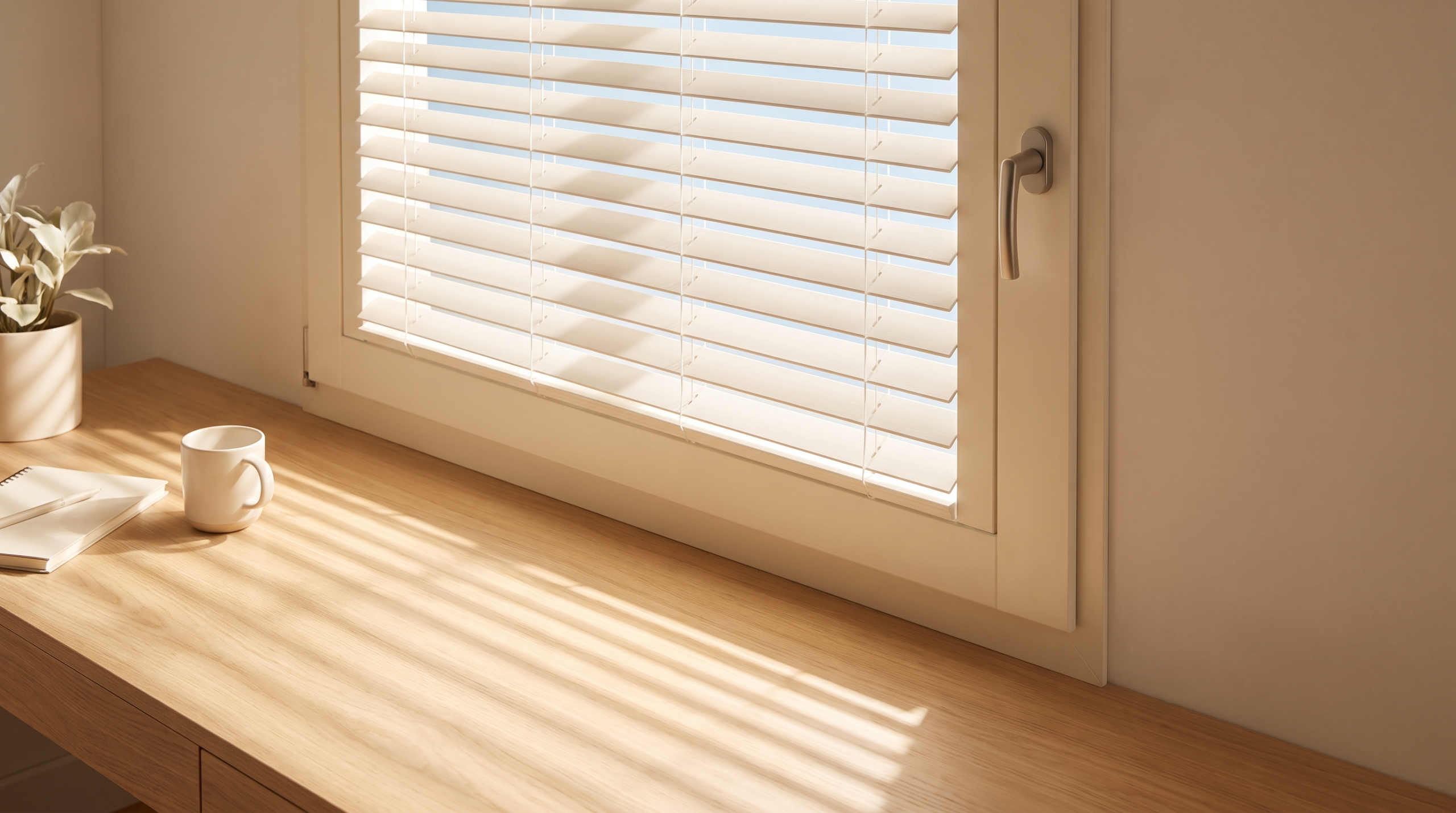 Raffstore Blendschutz am Fenster im Homeoffice, Lichtstreifen auf Schreibtisch