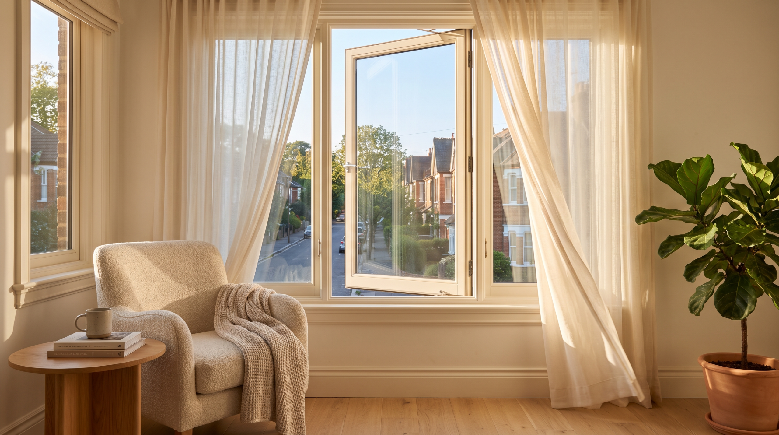 Gekipptes Fenster im Homeoffice beim Stoßlüften mit Blick auf die Straße