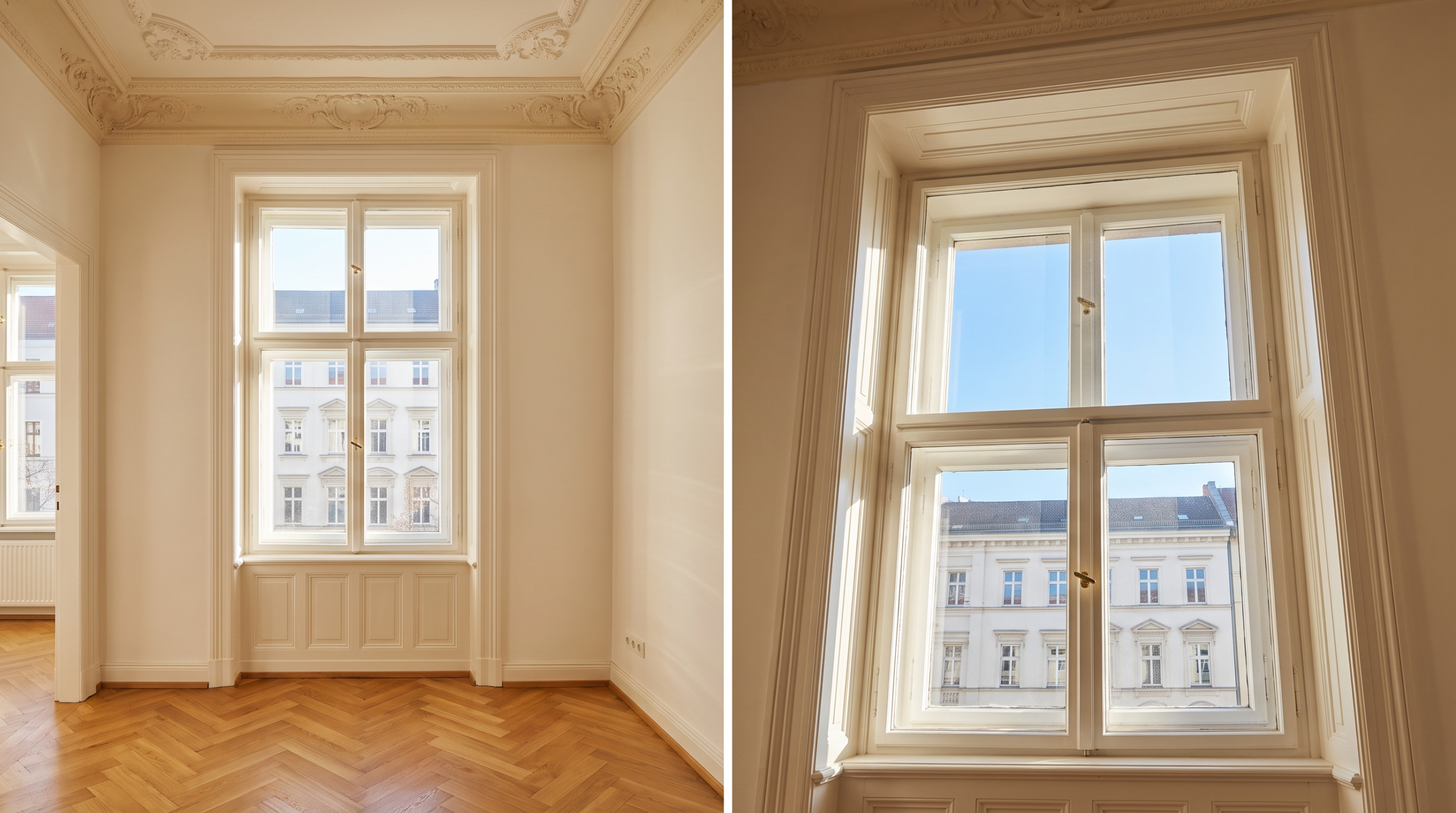 Kastenfenster in einem Altbau-Zimmer mit Doppelflügel-Konstruktion und Tageslicht