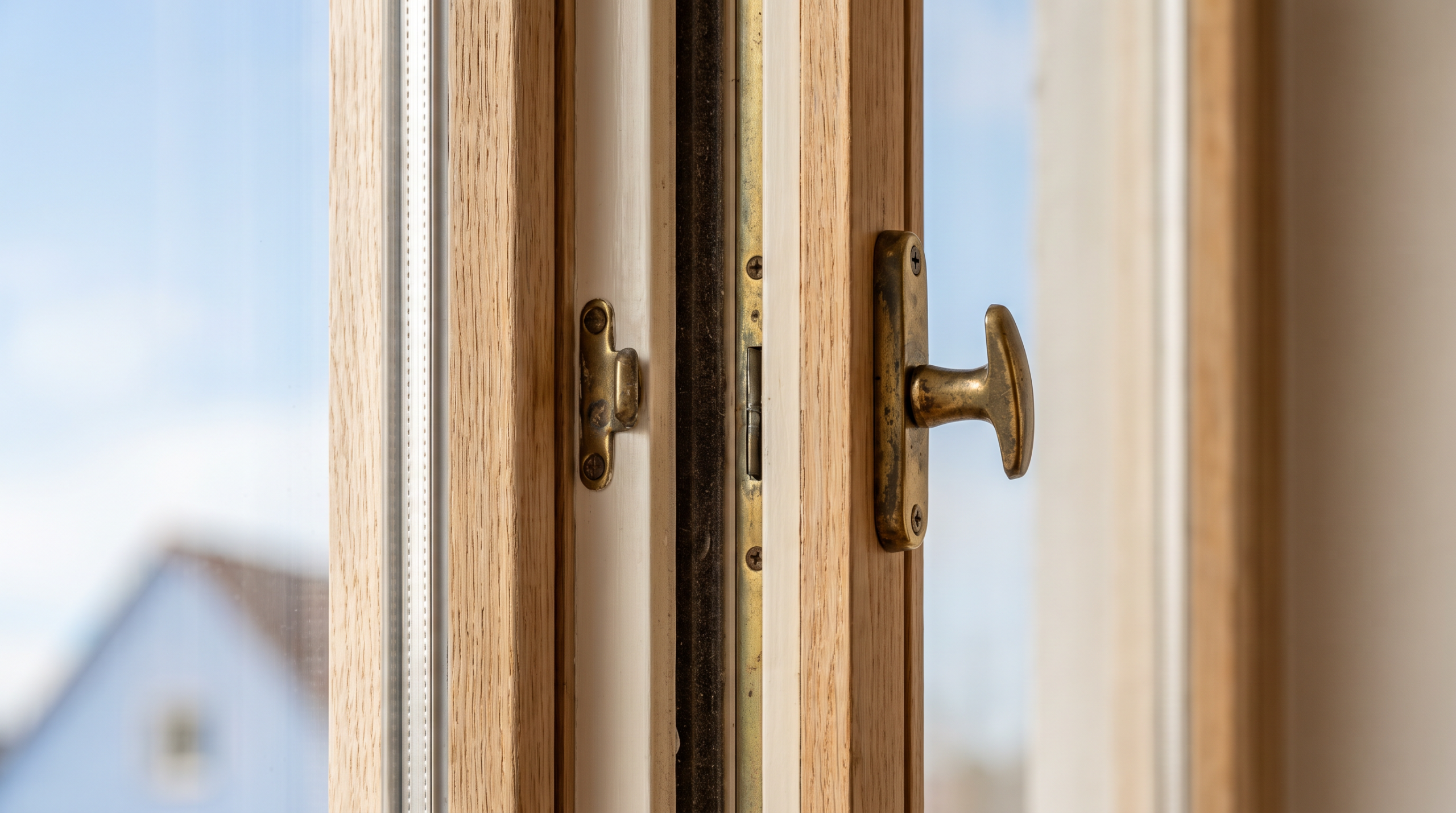 Detailaufnahme des Luftzwischenraums zwischen den beiden Fensterflügeln eines Kastenfensters
