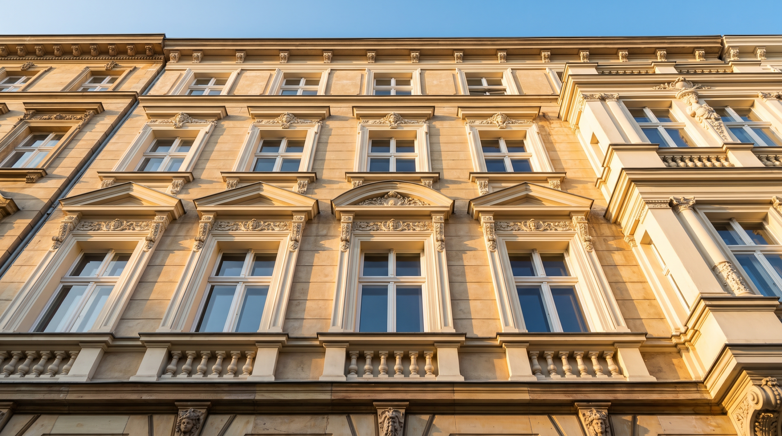 Gründerzeit-Fassade mit mehreren klassischen Kastenfenstern in Reihe