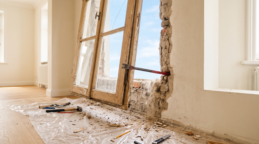 Fenster ausbauen: Blendrahmen wird mit Brecheisen aus der Mauerlaibung gelöst