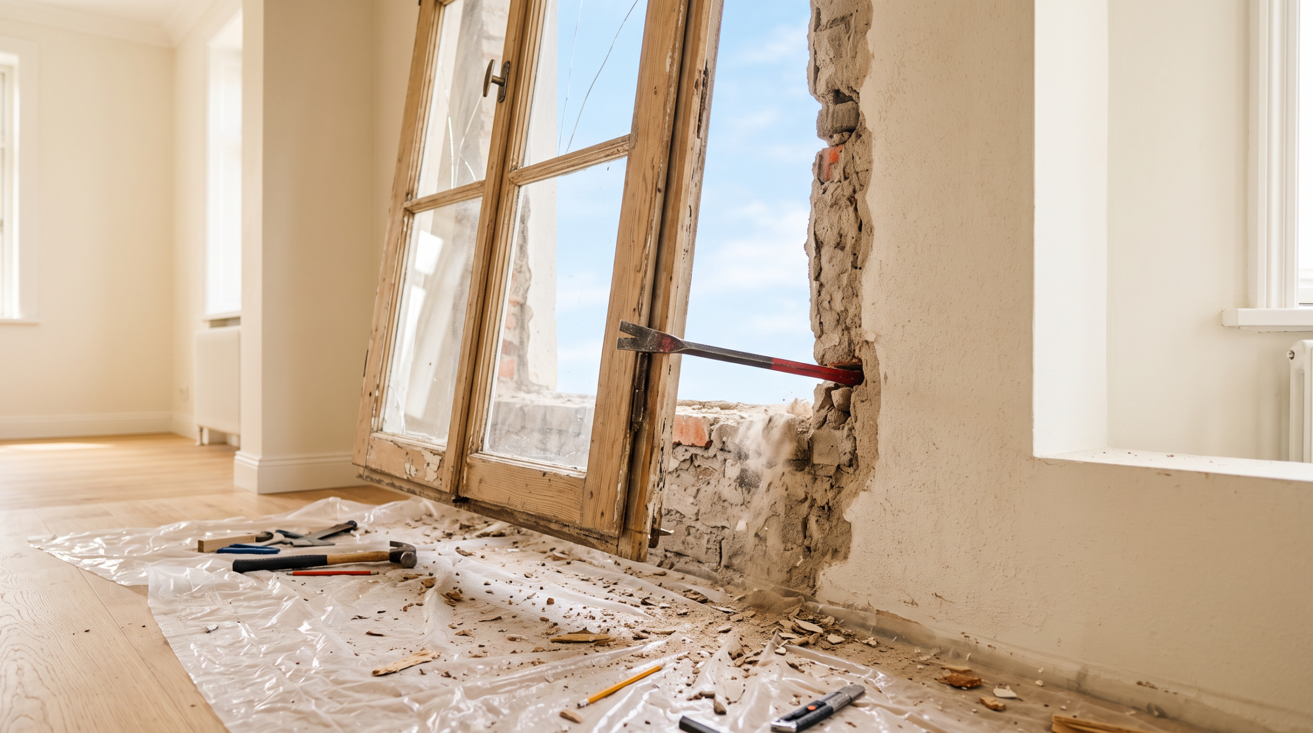 Fenster ausbauen: Blendrahmen wird mit Brecheisen aus der Mauerlaibung gelöst