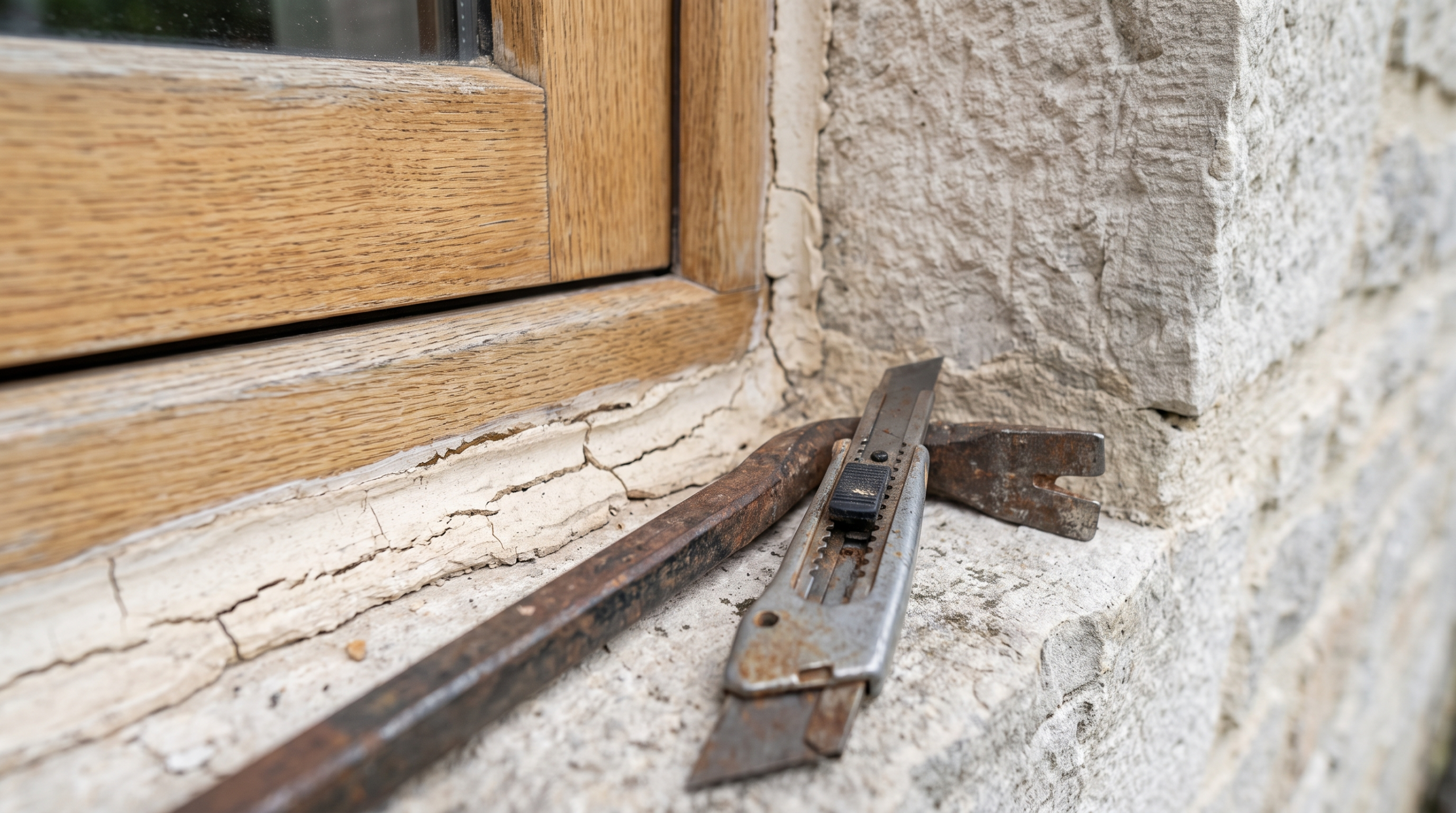 Fenster ausbauen Anleitung: Werkzeug an der alten Dichtfuge zwischen Fensterrahmen und Mauerwerk