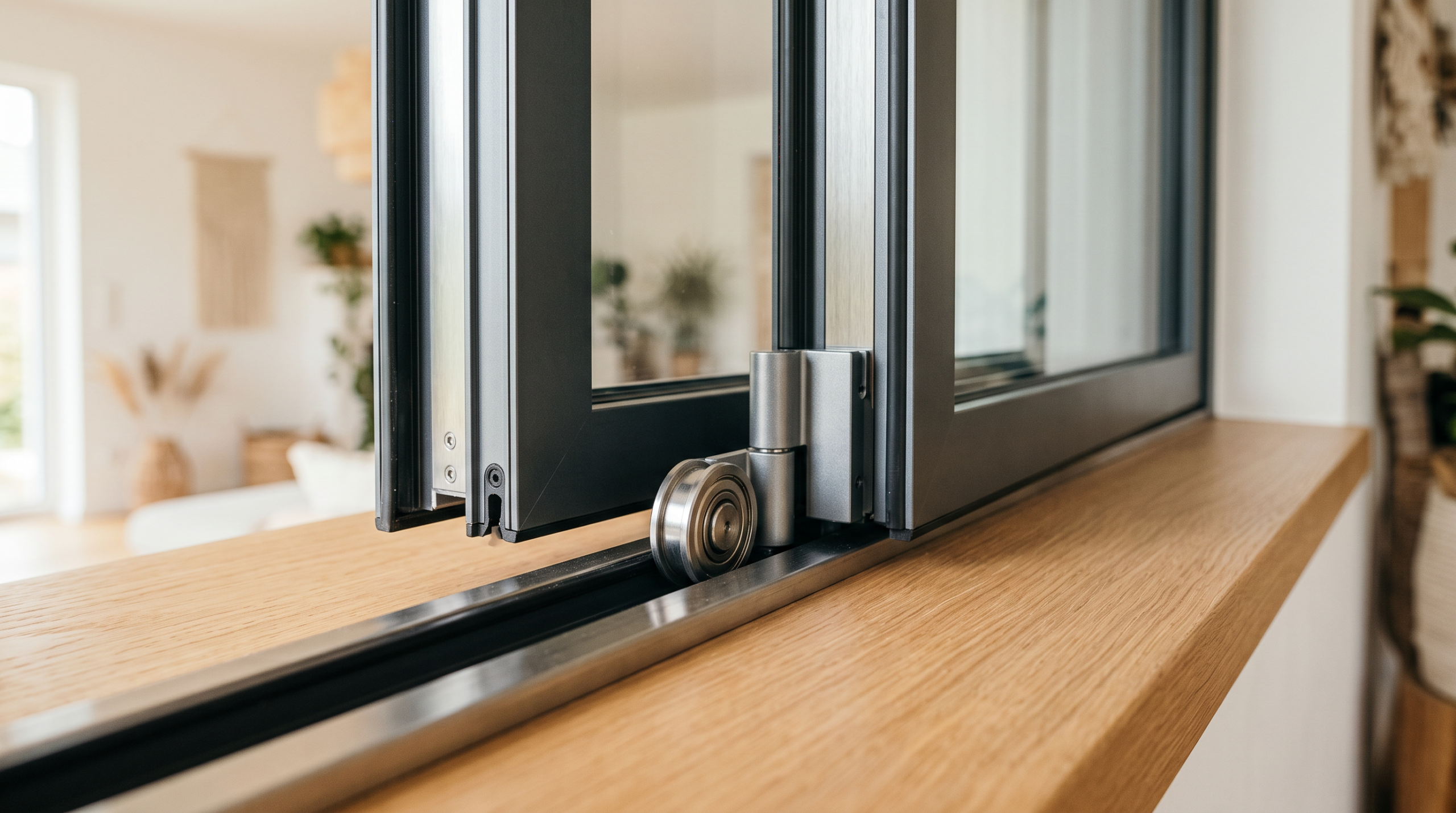 Faltfenster Detail: Laufschiene und Scharnier der gefalteten Glaselemente