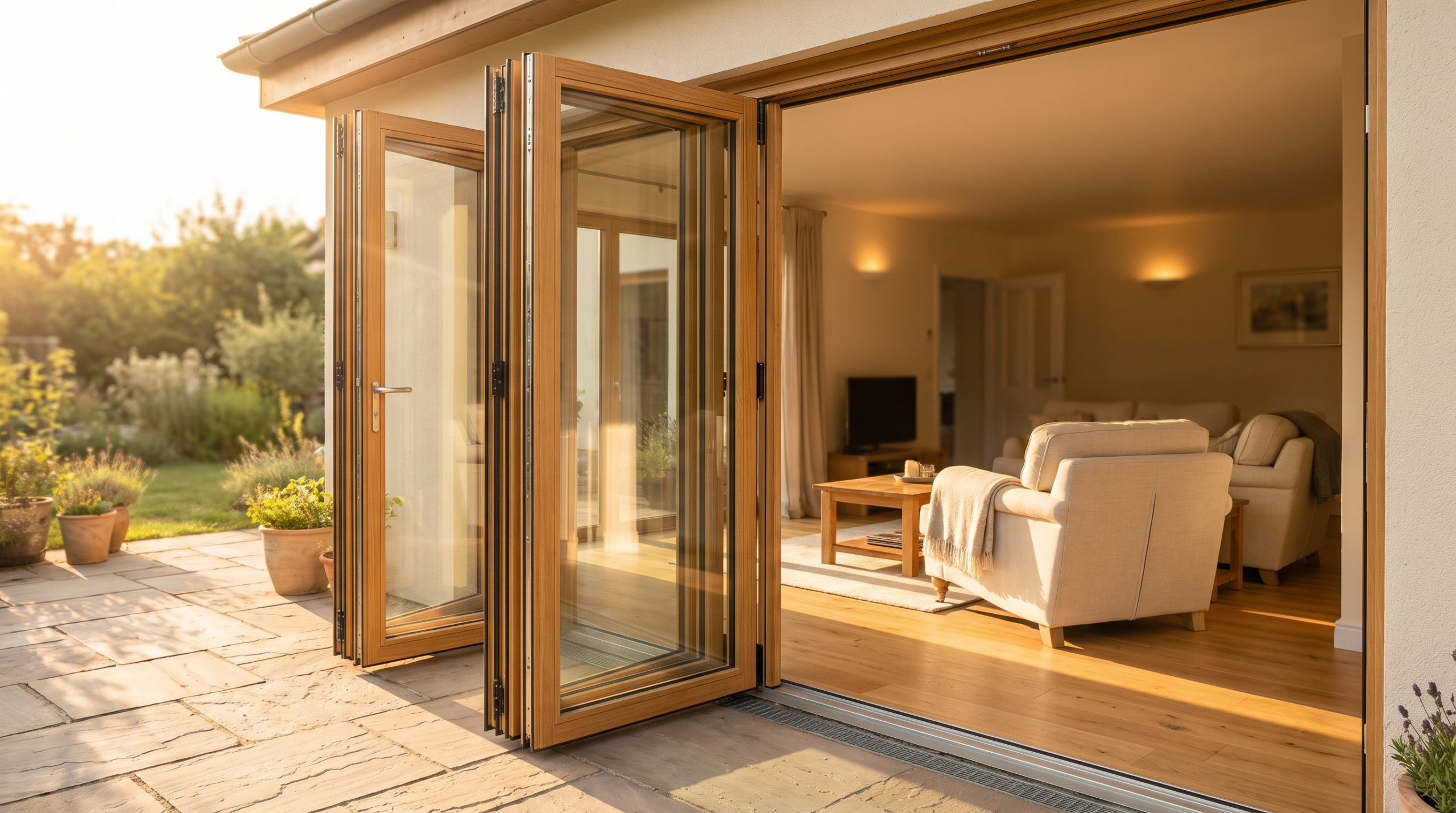 Faltfenster geöffnet: Wohnzimmer mit Blick auf die Terrasse durch die gefaltete Glasfront
