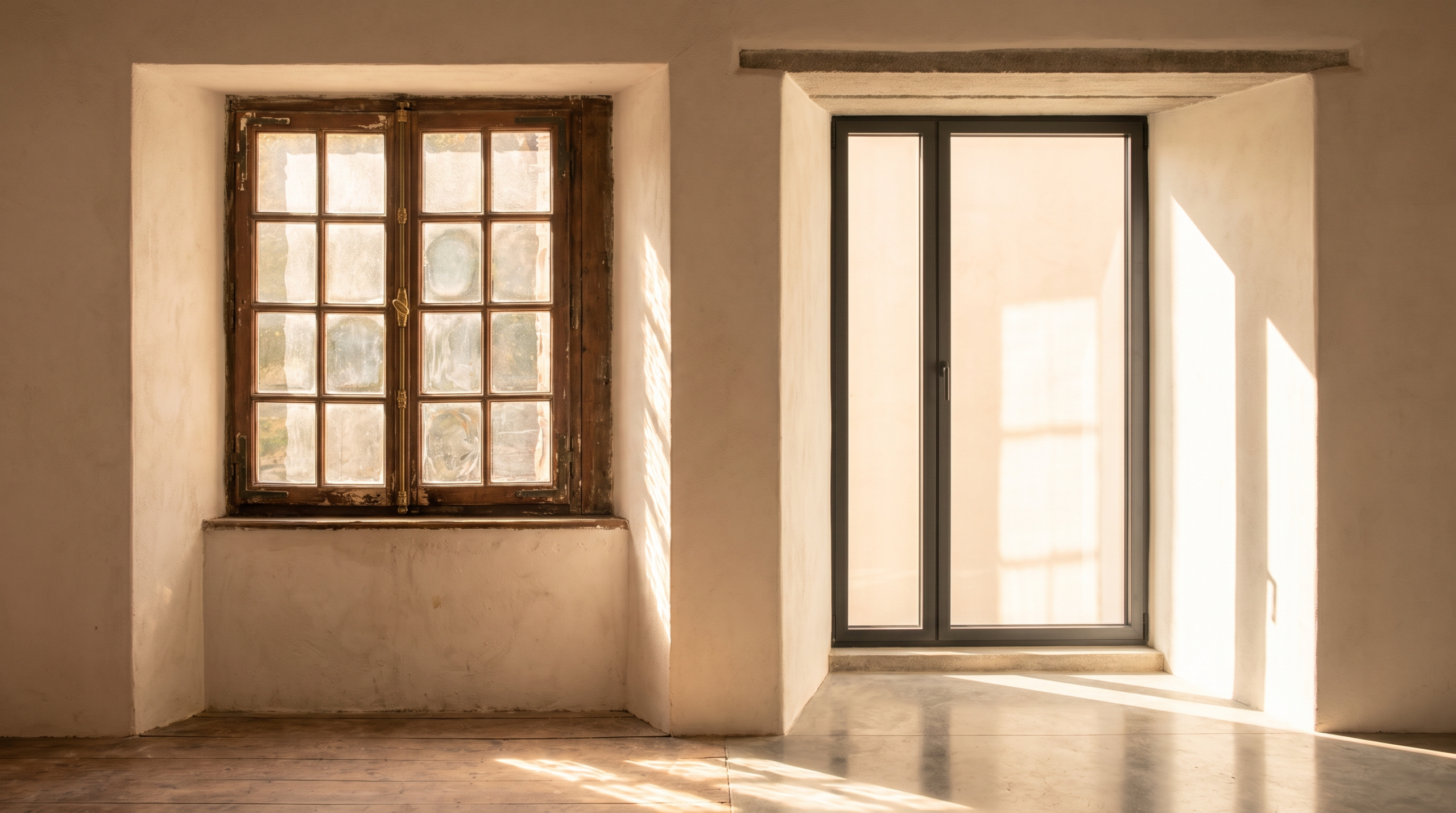 Fenster Geschichte: historisches Kastenfenster neben modernem Fenster im direkten Vergleich