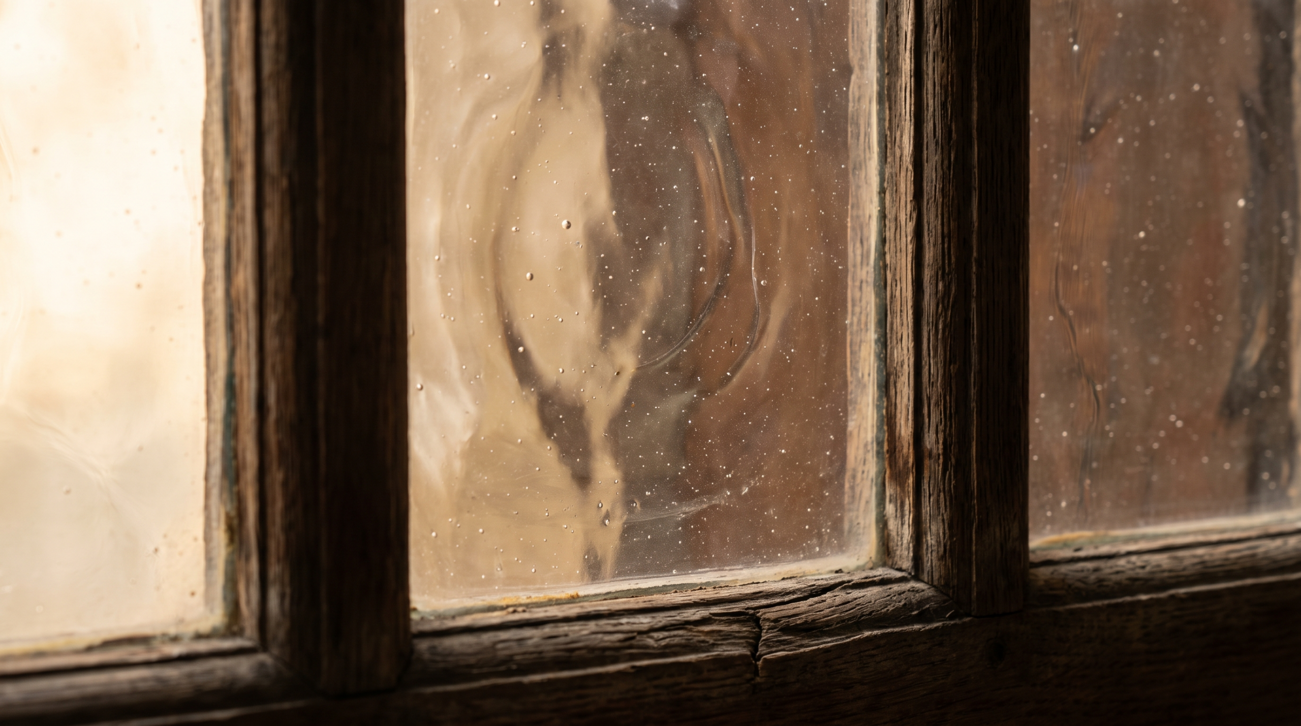 Fenster Geschichte: Detailaufnahme von antikem handgeblasenem Glas in altem Holzrahmen