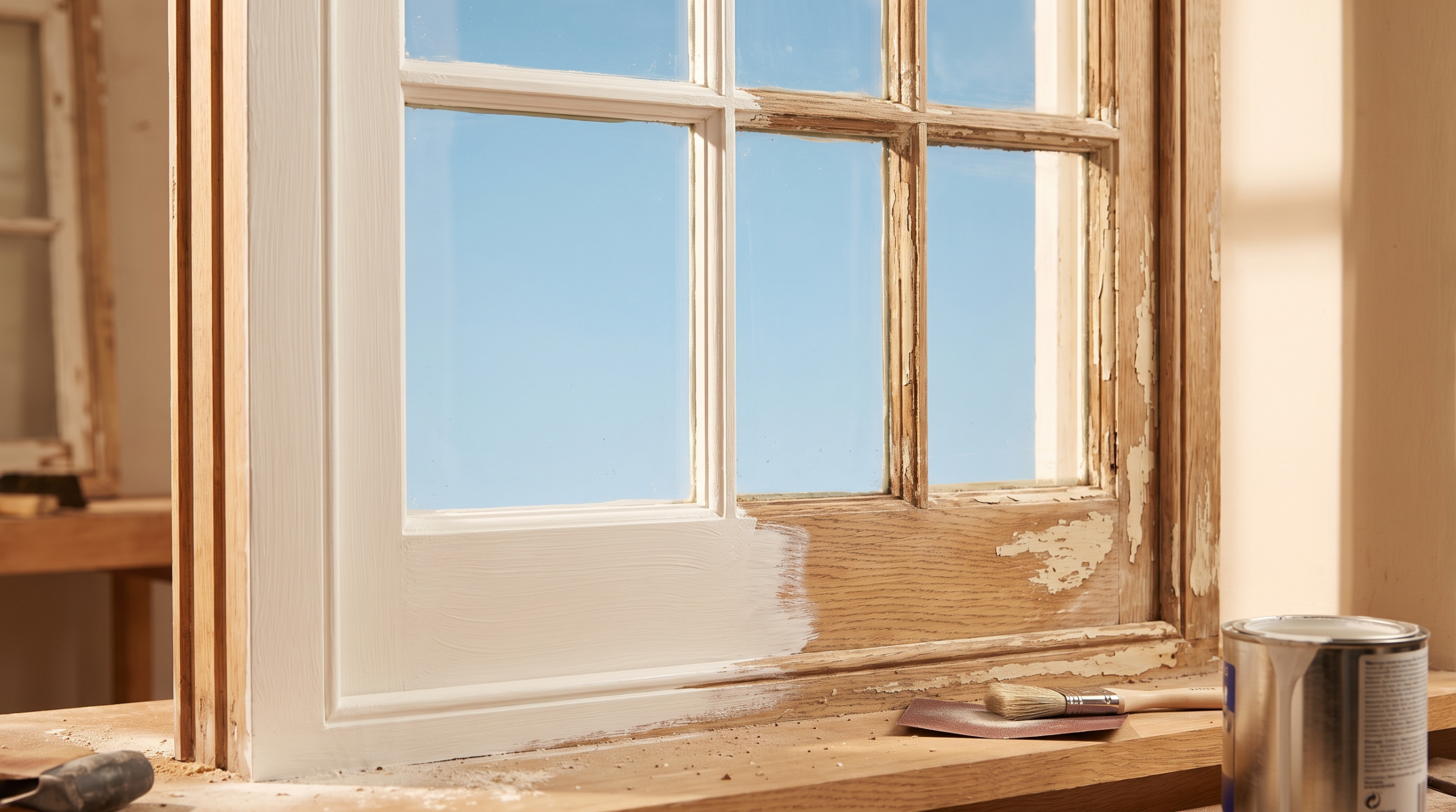 Holzfenster streichen: Fensterflügel halb frisch gestrichen, halb im Originalzustand