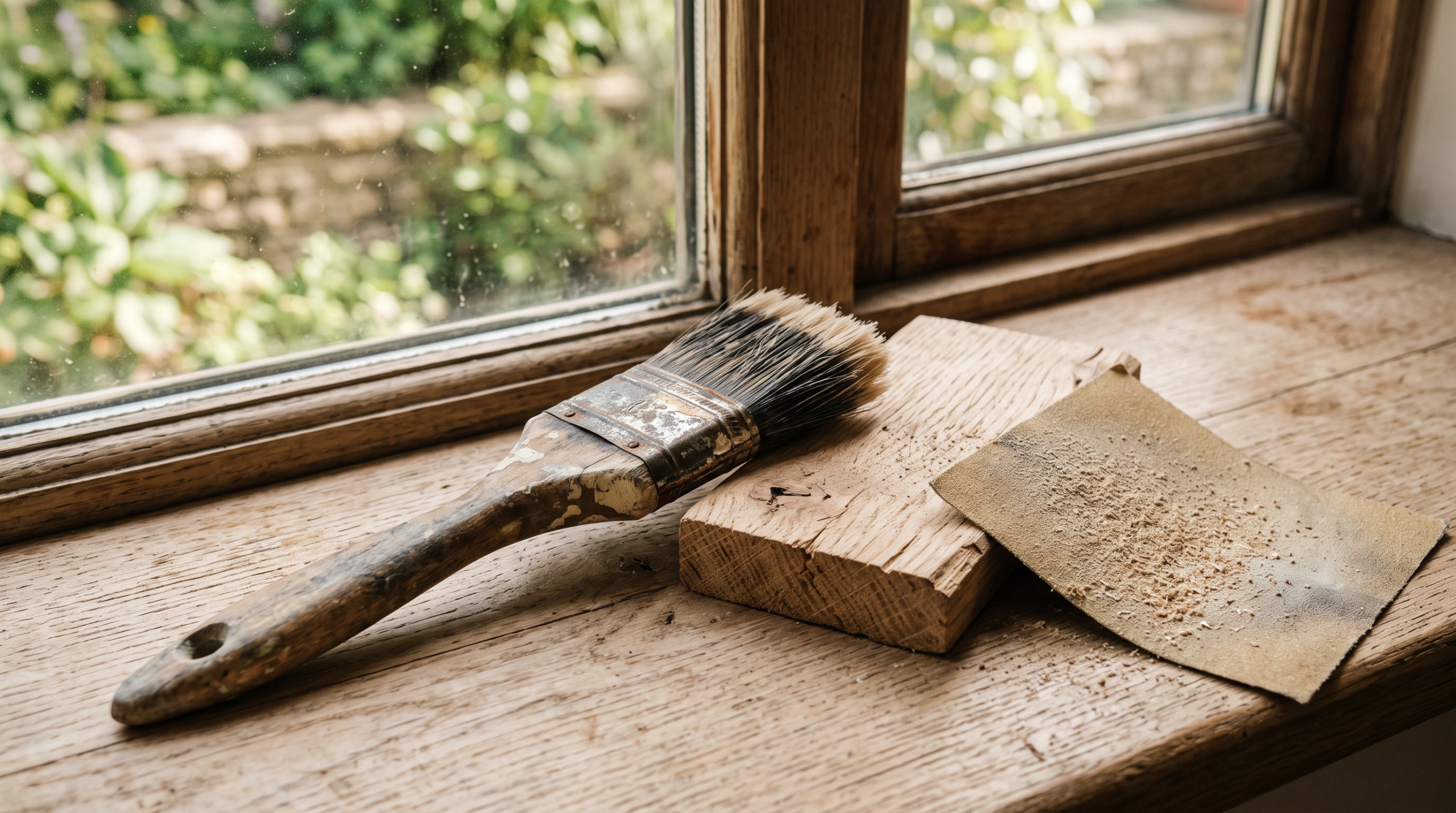 Holzfenster streichen: Pinsel und Schleifpapier auf Fensterbank aus Holz