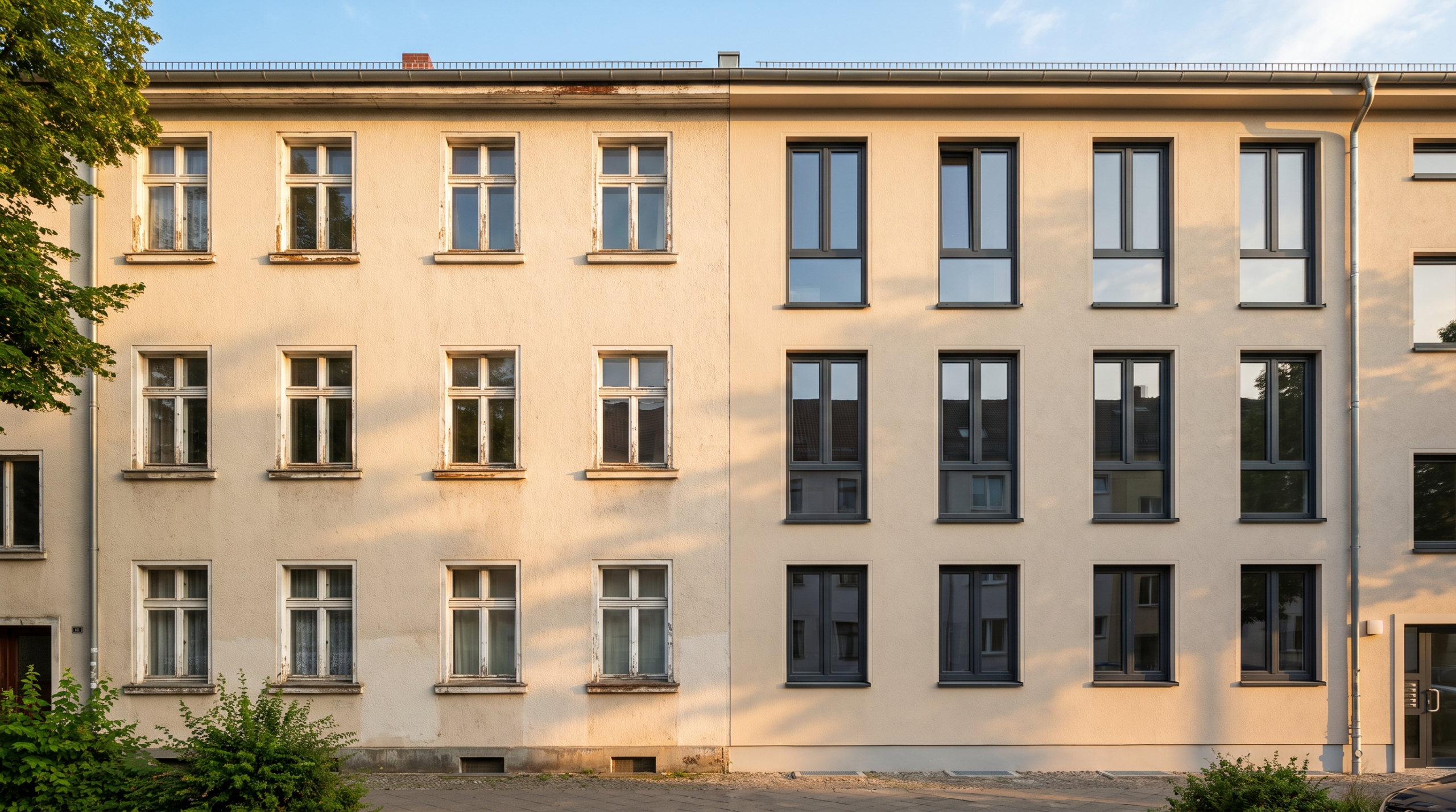 Fenstertausch als Mieter: Hausfassade mit alten und neu ausgetauschten Fenstern im Vergleich