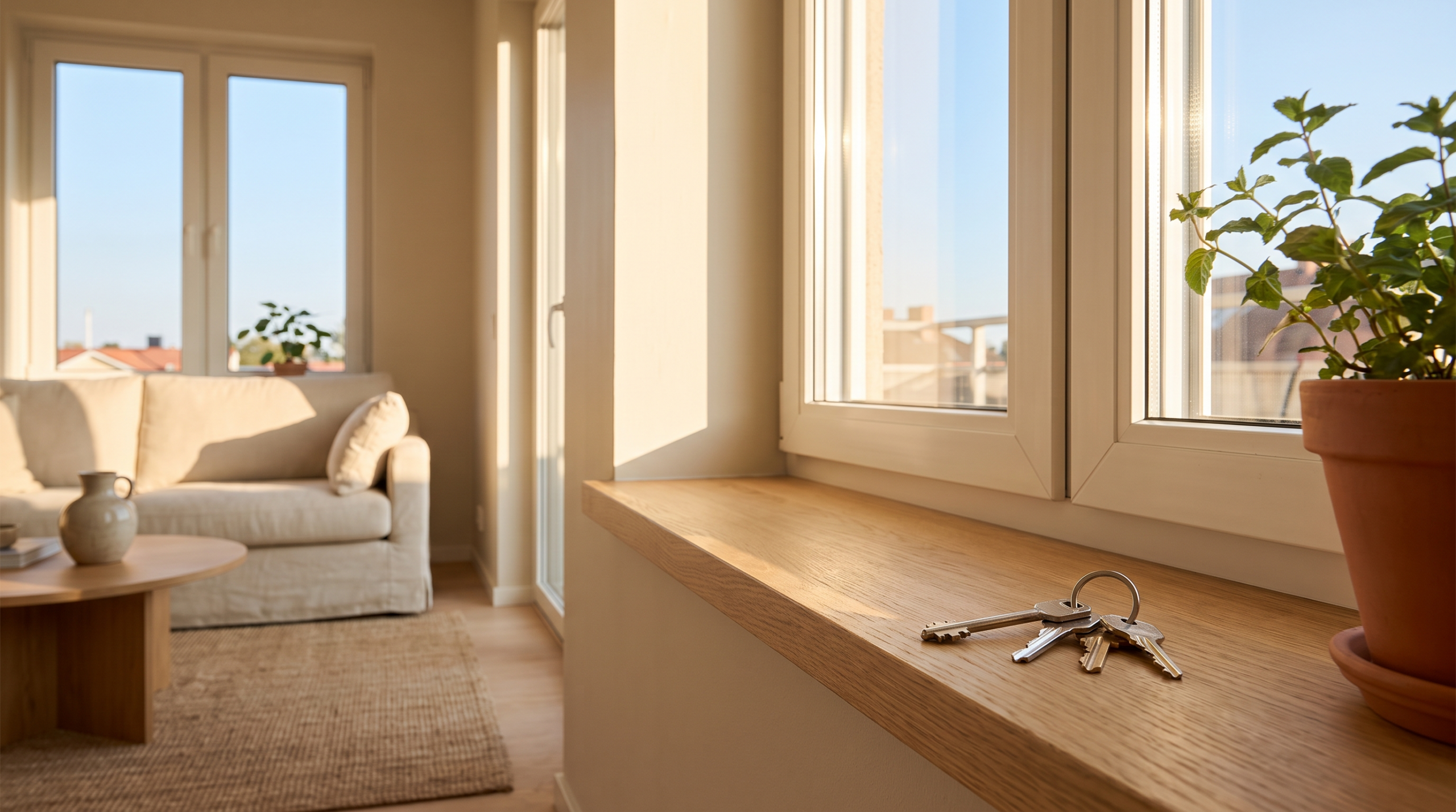 Wohnzimmer einer Mietwohnung mit frisch getauschtem Fenster und Wohnungsschlüssel auf der Fensterbank