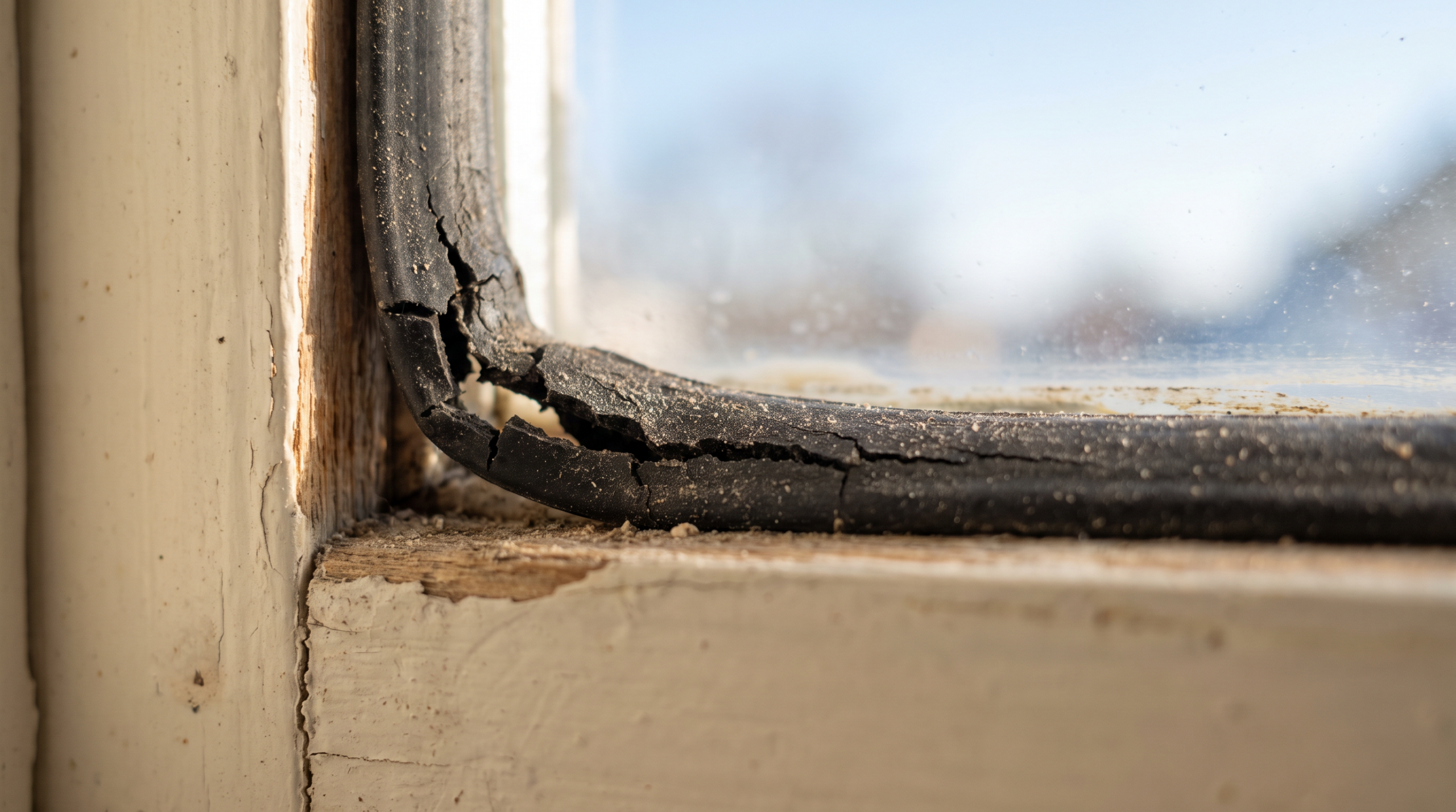 Marode, undichte Dichtung an einem alten Fenster in einer Mietwohnung als Zeichen für nötigen Fenstertausch