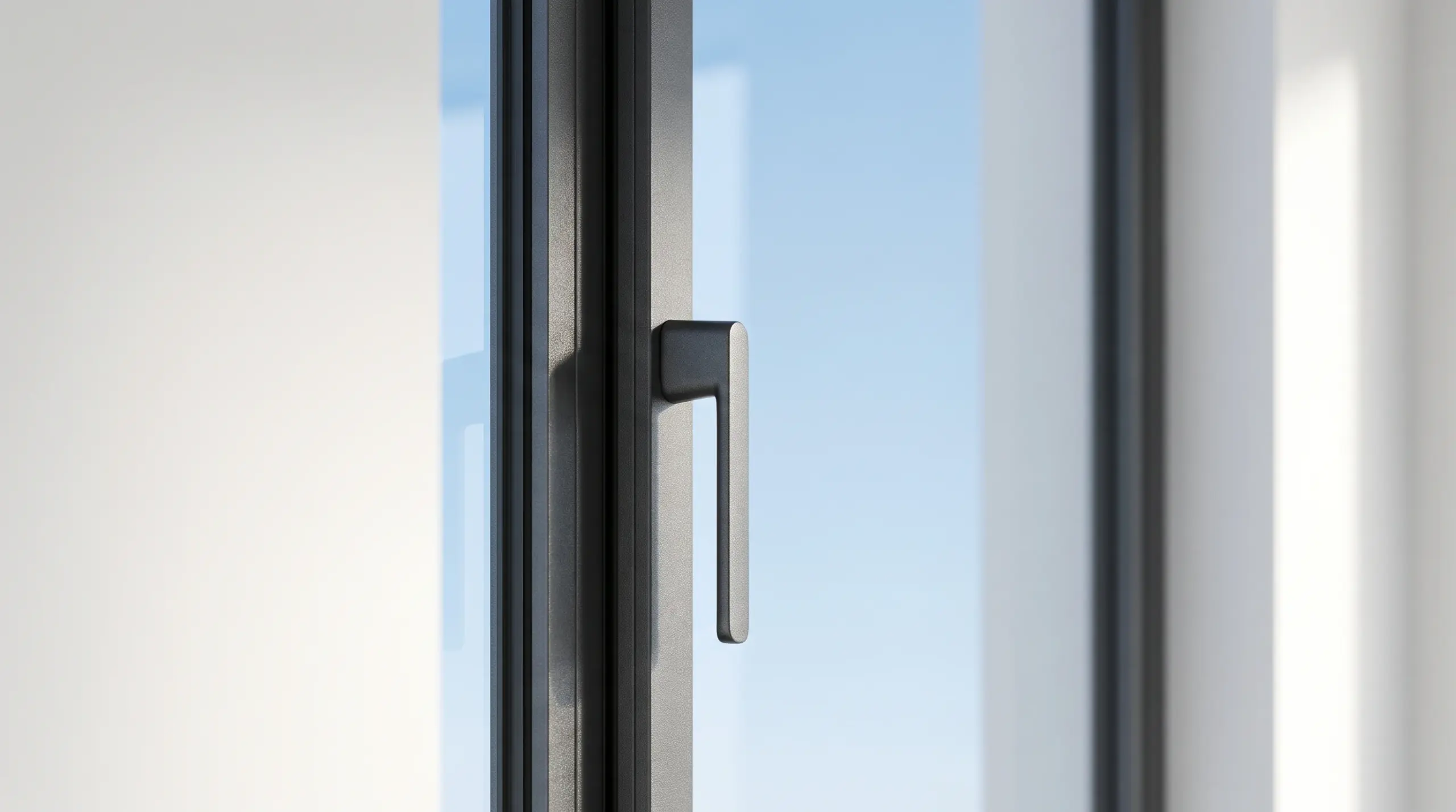 Fenster Trends 2026 - moderner Fenstergriff an schlankem Anthrazit-Aluminiumprofil