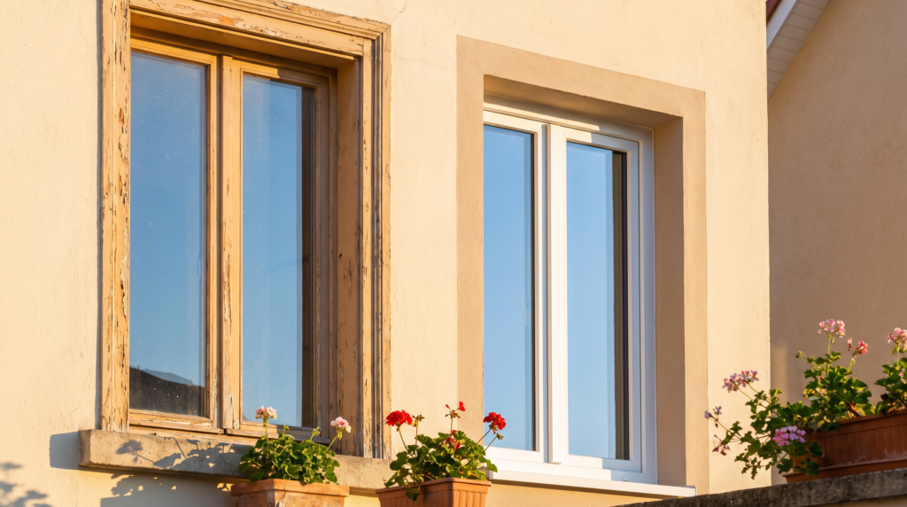 Fenster Lebensdauer im Vergleich: verwitterter alter Fensterrahmen neben frisch erneuertem Fenster an der Hausfassade