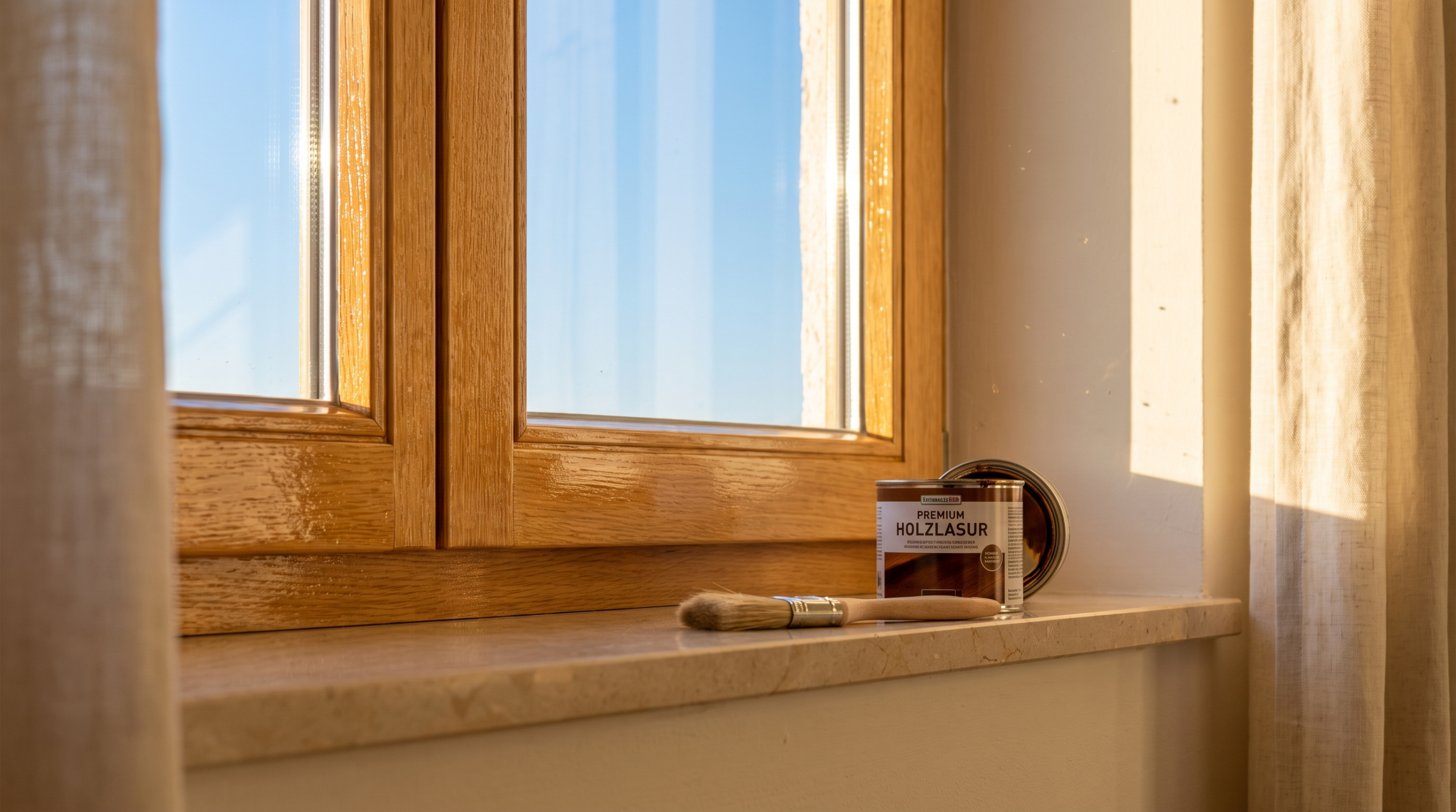 Fenster Lebensdauer verlängern durch Pflege: Holzfensterrahmen mit frisch aufgetragener Schutzlasur
