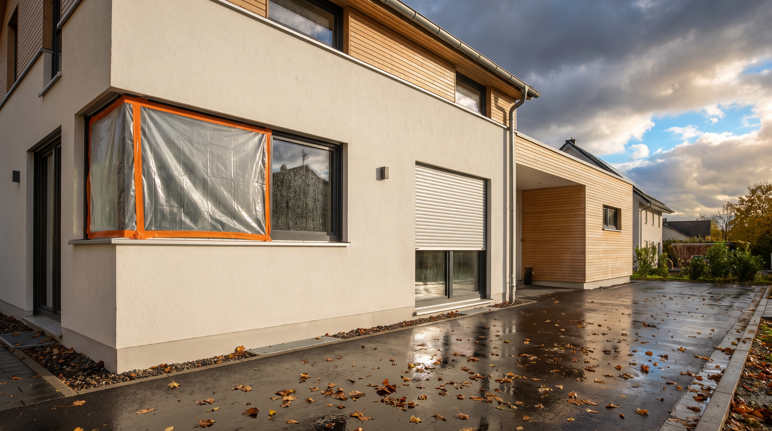 Fenster Sturmschaden: Notabsicherung mit Folie und geschlossenem Rollladen am Haus