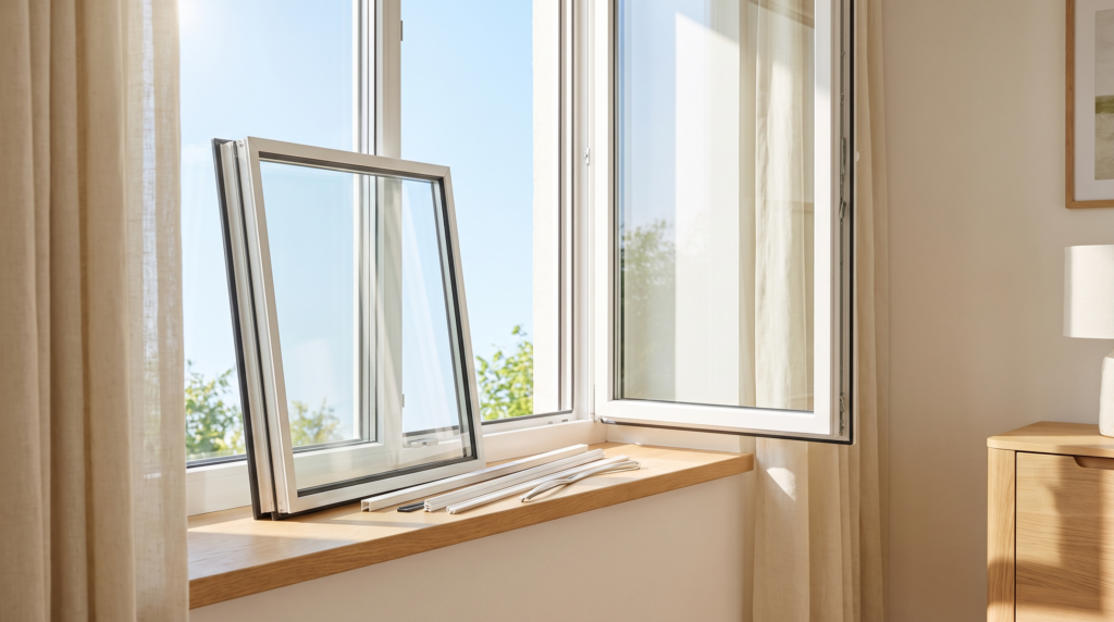 Fensterscheibe wechseln: neue Isolierglasscheibe bereit für den Einbau in einen Kunststofffensterrahmen
