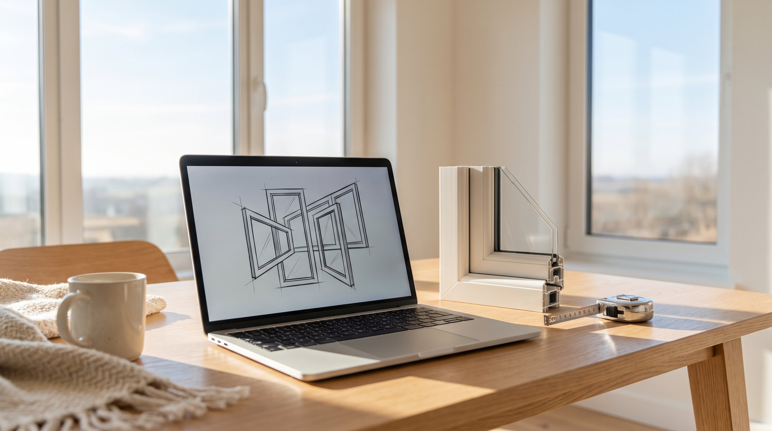 Laptop mit Fensterkonfigurator neben einem Fensterprofilmuster als Symbol für den transparenten Online-Kauf von Fenstern mit CE-Kennzeichnung
