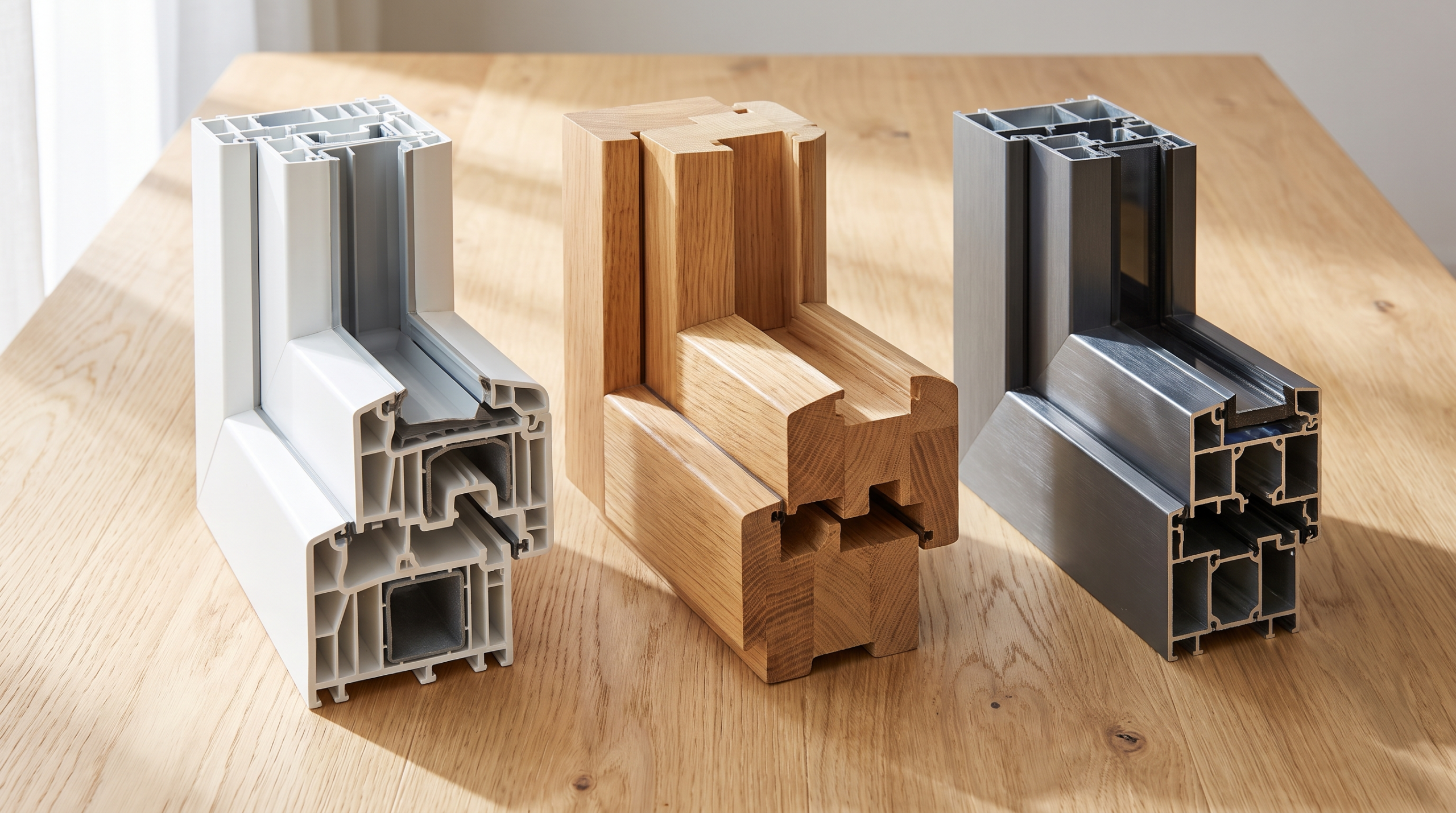 Kunststofffenster, Holzfenster und Alufenster im Vergleich - drei Fensterprofile nebeneinander