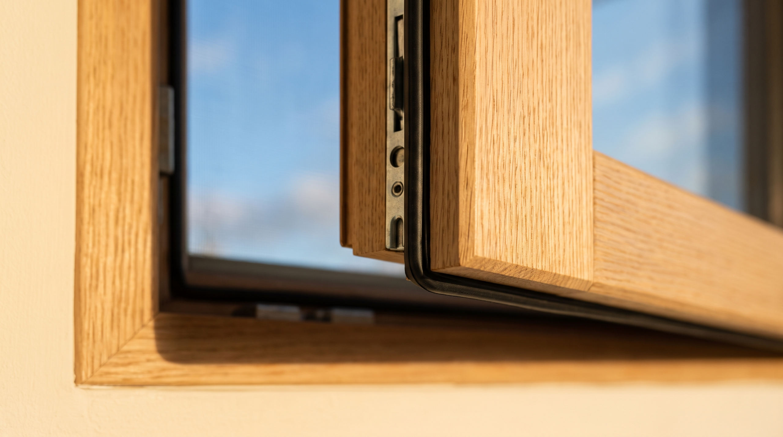 Holzfenster Detail: Rahmenecke mit Holzmaserung, Dichtung und Beschlag