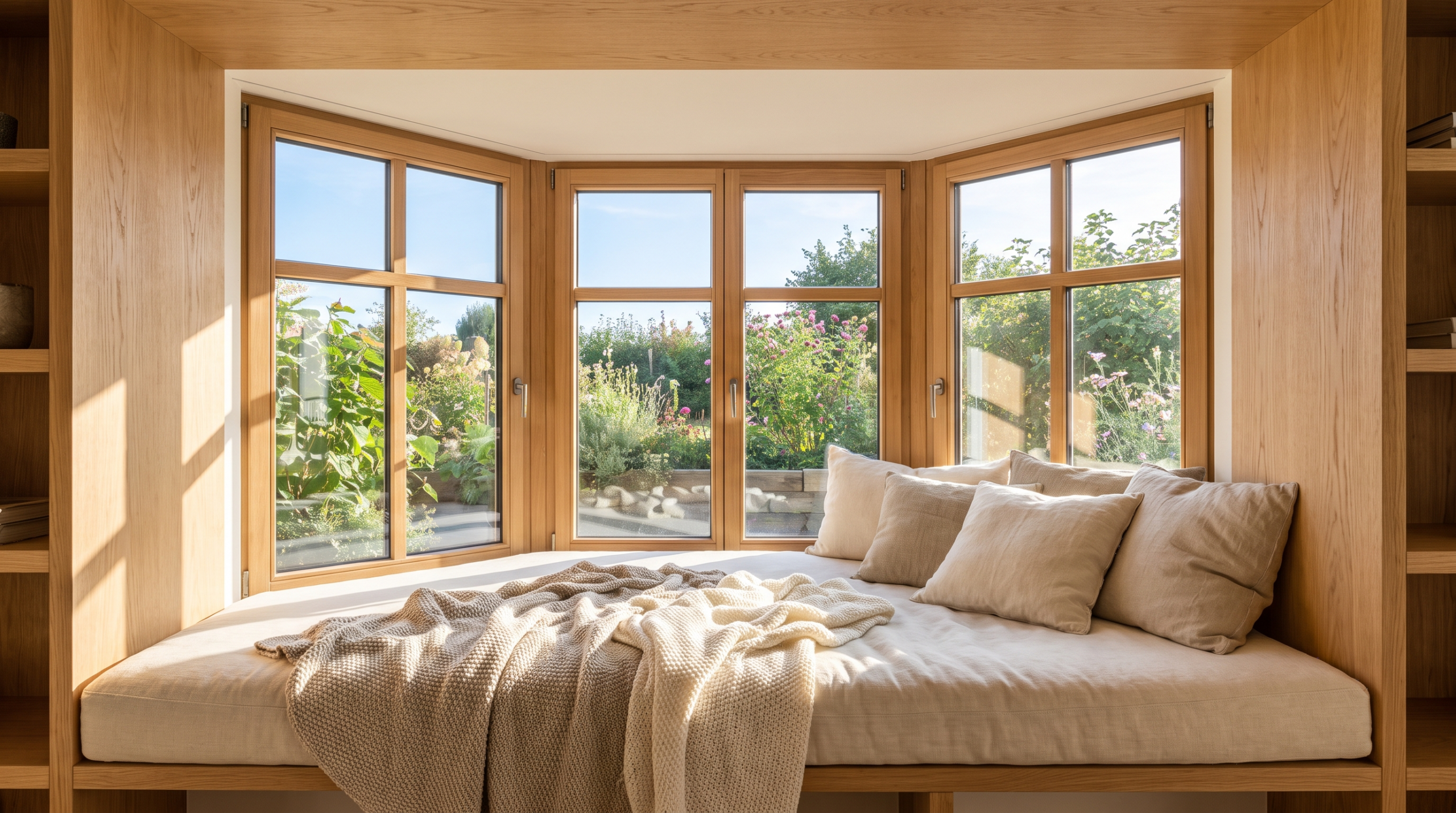 Erkerfenster Sitznische Innenraum mit Blick nach draußen