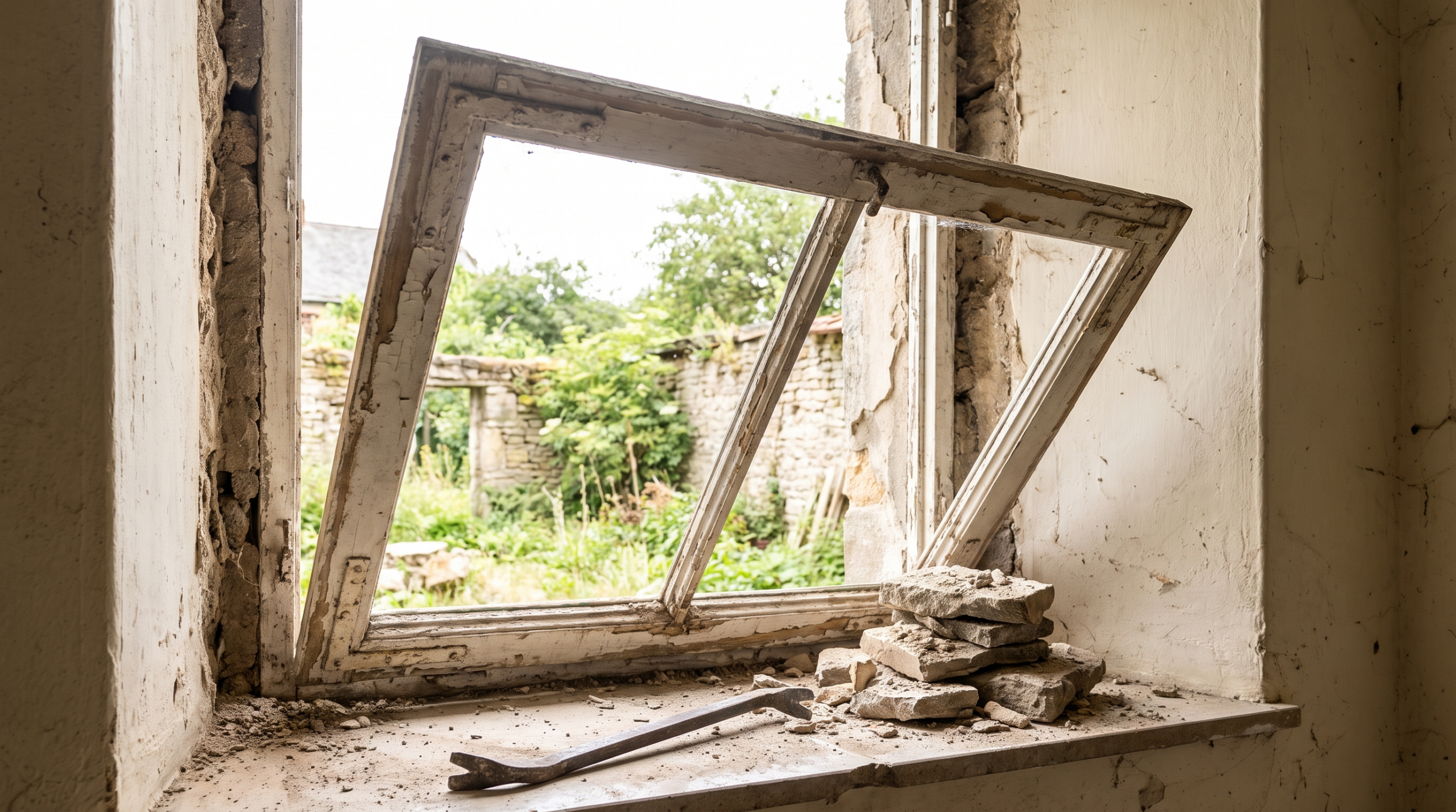 Fenster Kosten Neubau vs Sanierung: Demontage eines alten Fensters im Altbau