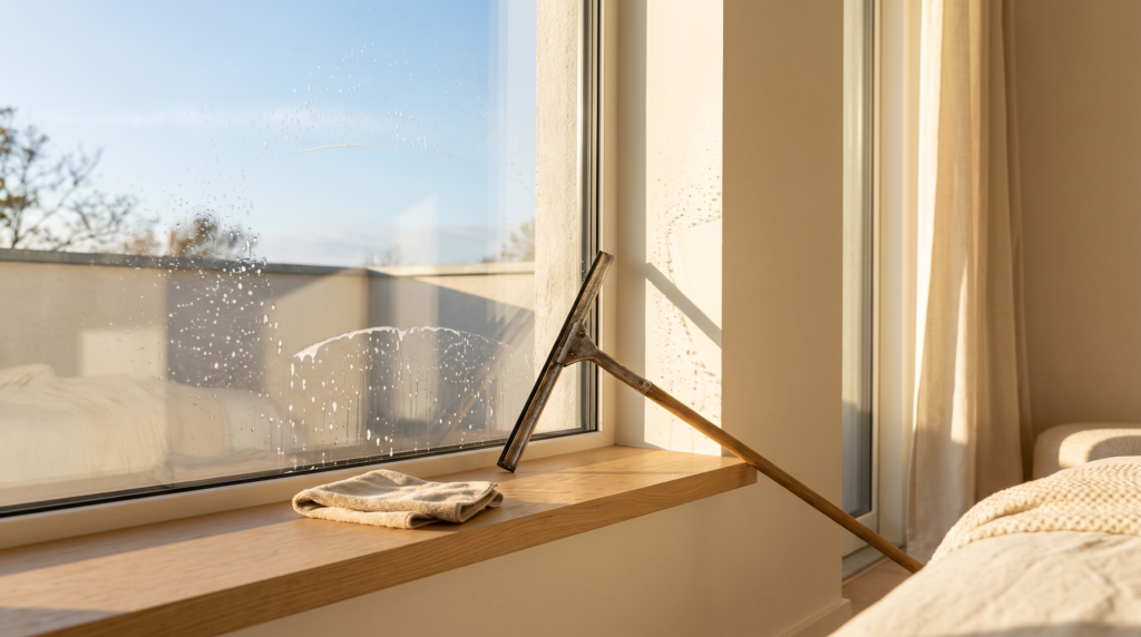 Fenster putzen streifenfrei: Abzieher am sauberen Fenster mit Wassertropfen im Tageslicht