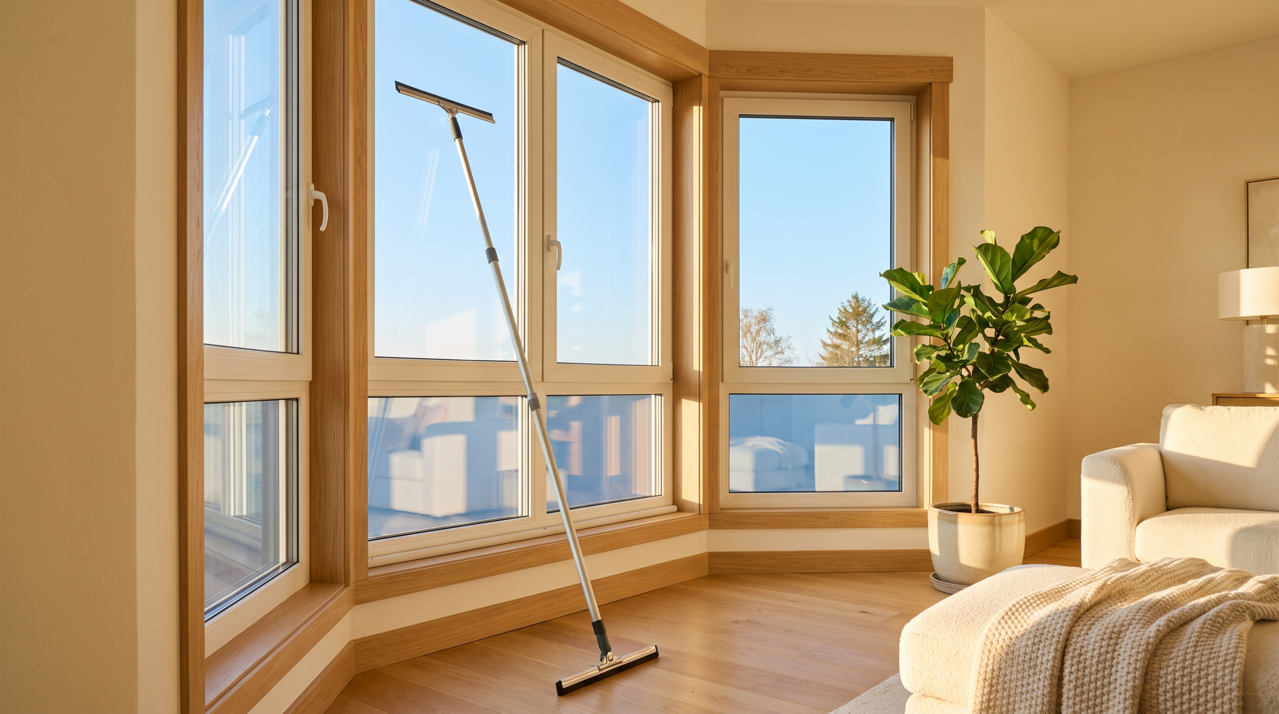 Fenster putzen streifenfrei: frisch gereinigtes Erkerfenster mit Teleskop-Abzieher
