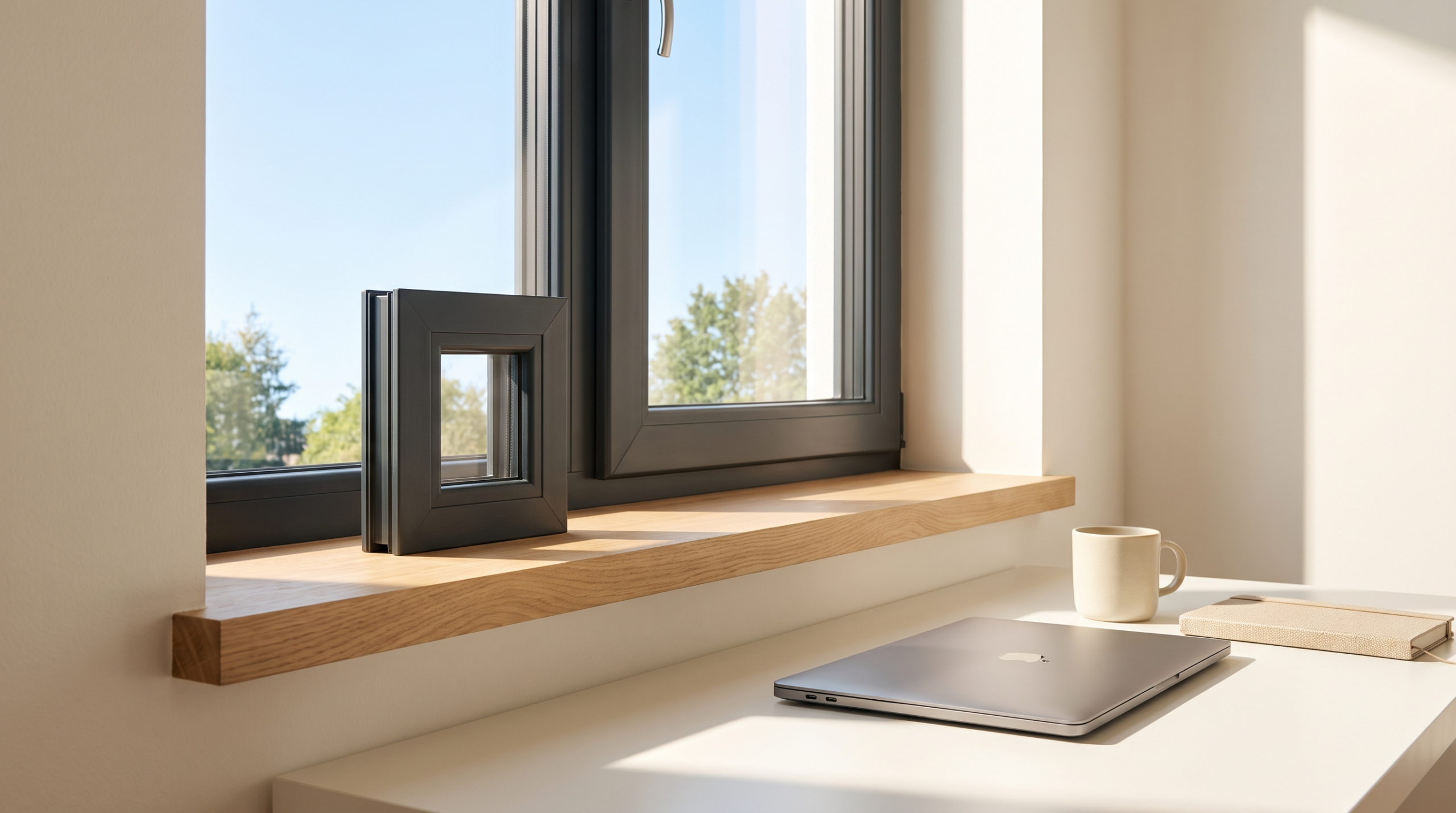 Fenster Muster bestellen: Materialprobe liegt am Fensterbrett im Homeoffice zum Farbvergleich