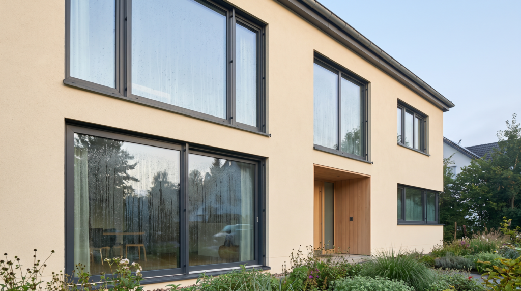 Fenster beschlagen von außen: Hausfassade mit Tau auf der Außenscheibe im Morgenlicht
