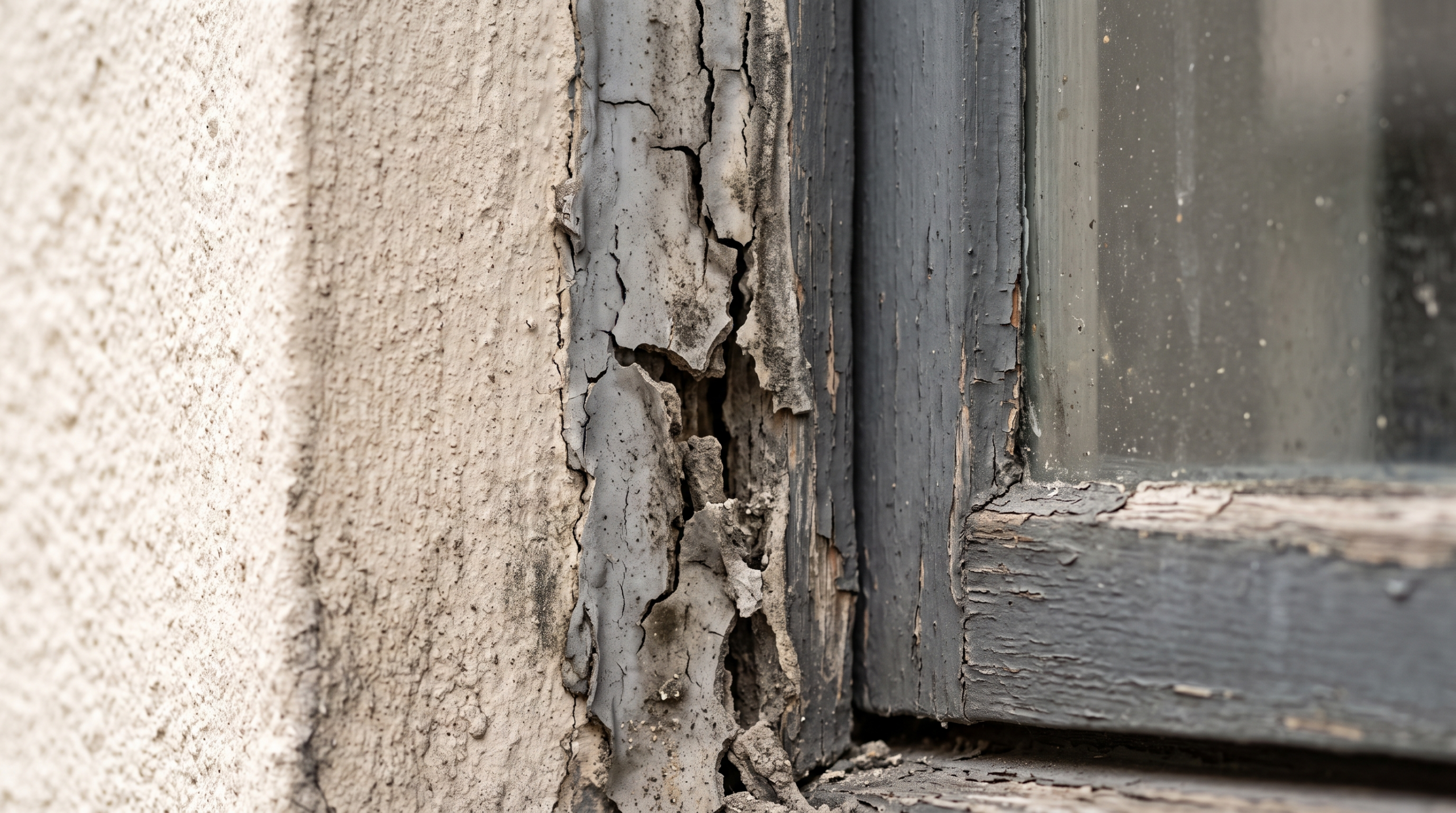 Alte, rissige Silikonfuge am Fenster mit Verwitterungsspuren, die eine Erneuerung nötig macht