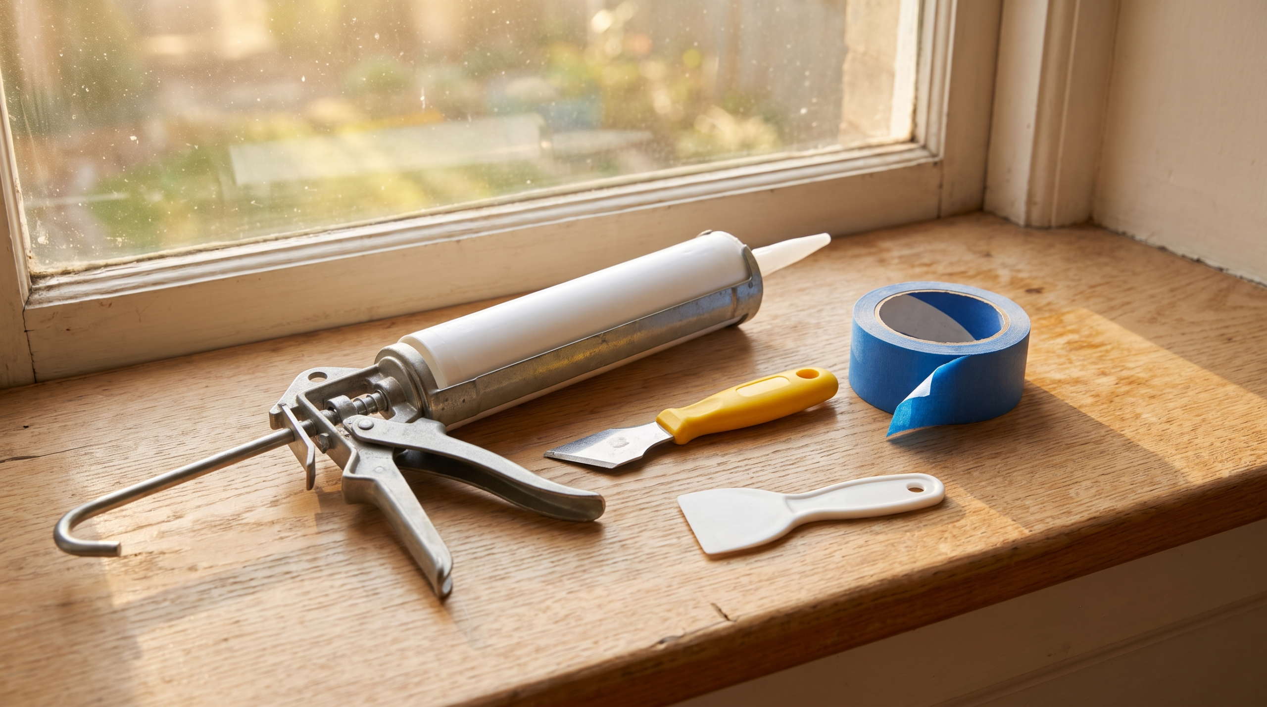 Werkzeug-Set zum Erneuern der Silikonfuge am Fenster: Kartuschenpistole, Silikon, Malerkrepp und Fugenglätter