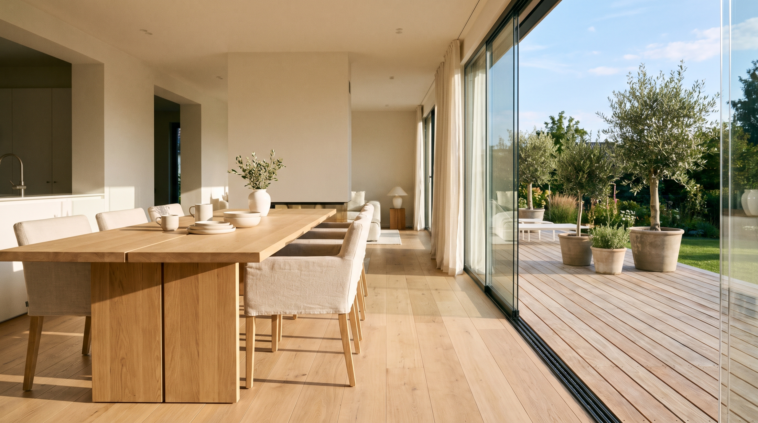 Rahmenlose Ganzglas-Terrassenverglasung als Übergang zwischen Wohnraum und Garten